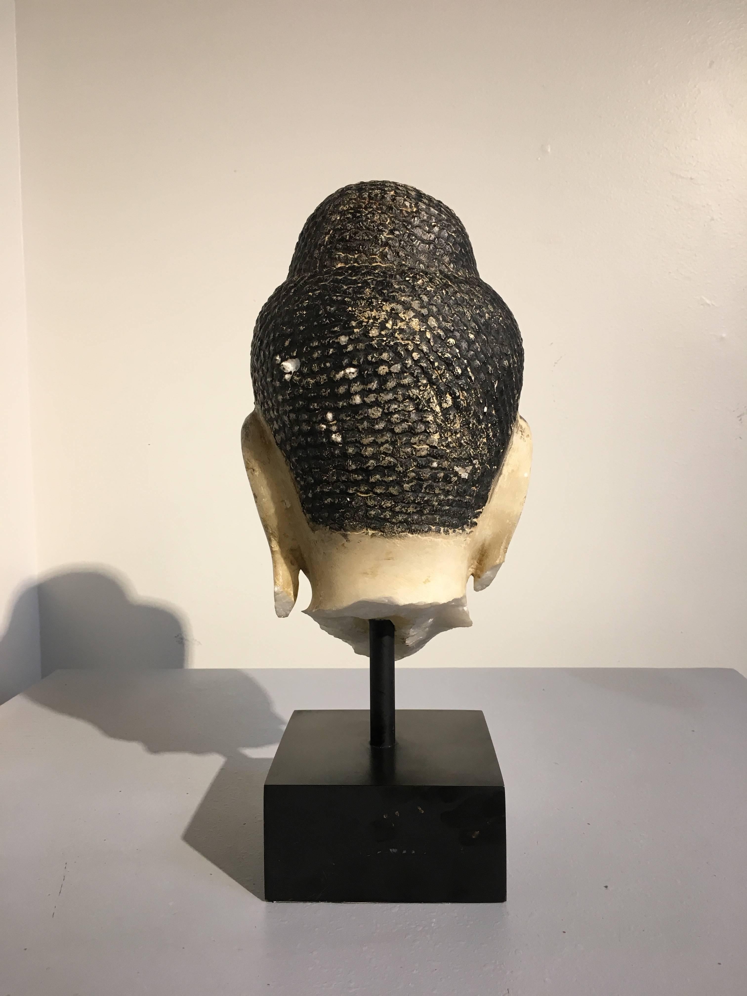 Burmese Mandalay Period Carved Alabaster Buddha Head, 19th Century In Good Condition In Austin, TX