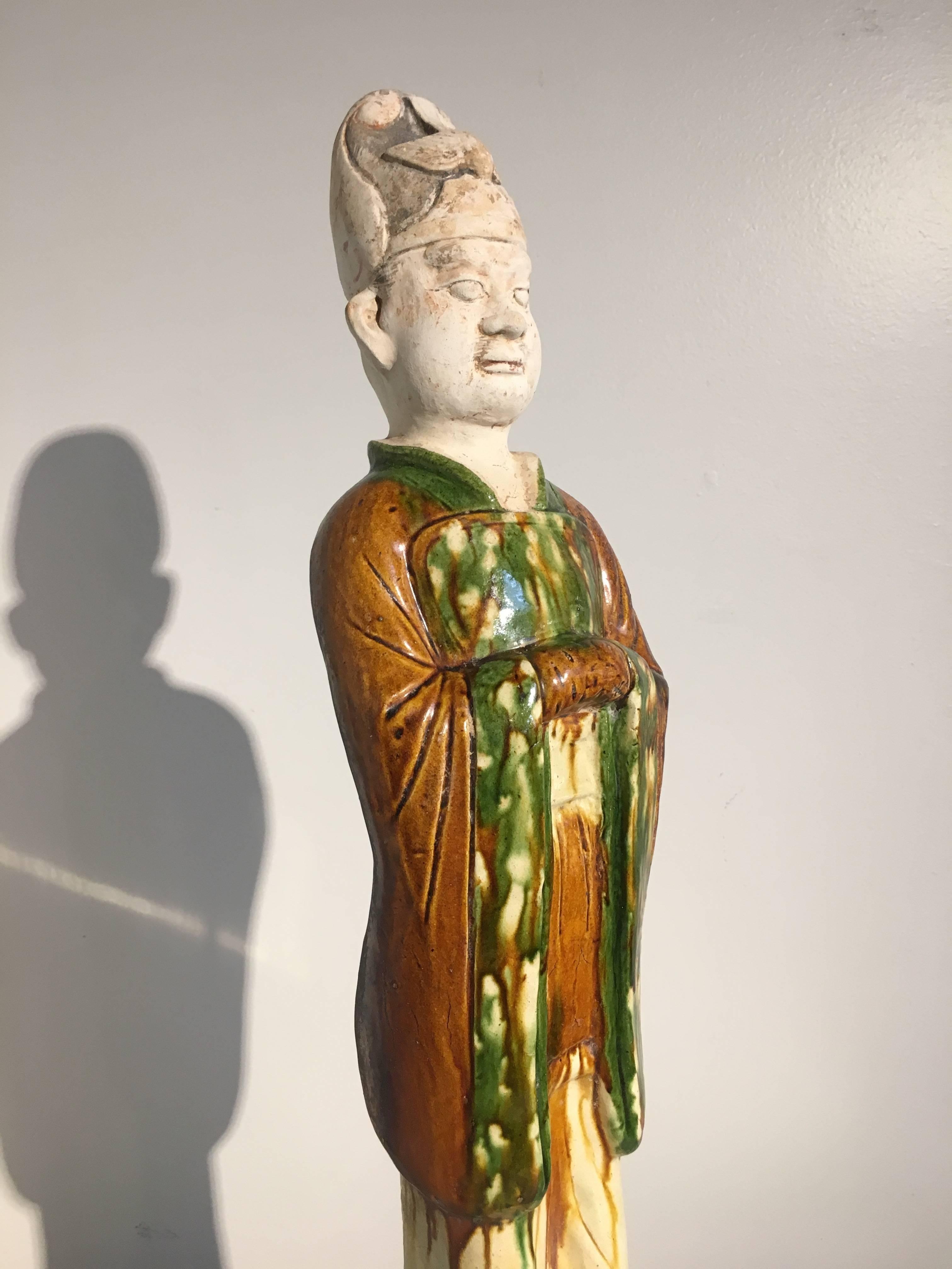Chinese Tang Dynasty Sancai Glazed Figure of an Official, Tl Tested In Good Condition In Austin, TX