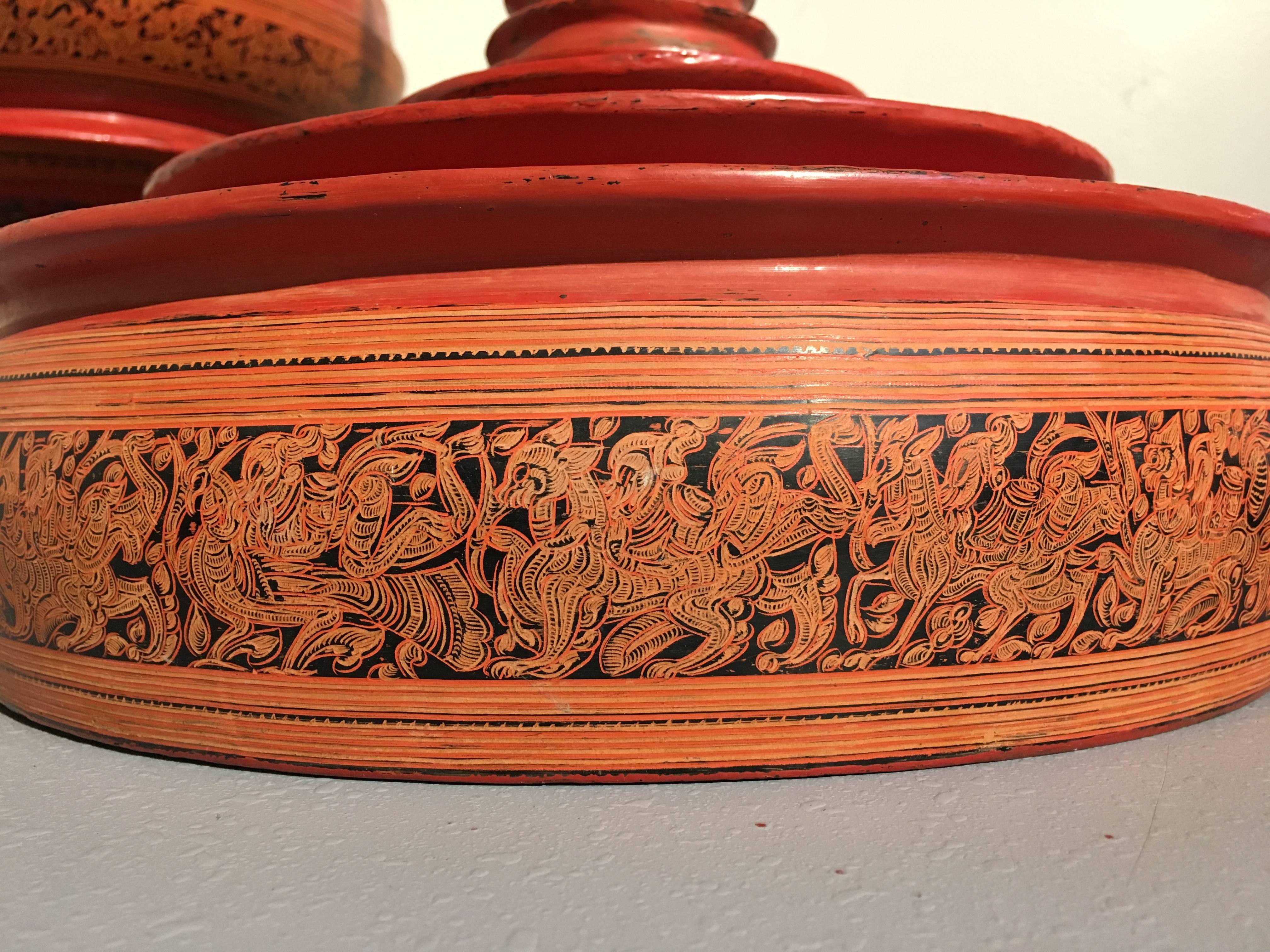 Rattan 19th Century Burmese Red Lacquer Painted Hsun-Ok