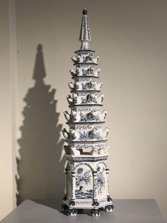 Italian Blue and White Painted Faience Pagoda Form Tulipiere, Mid-20th Century