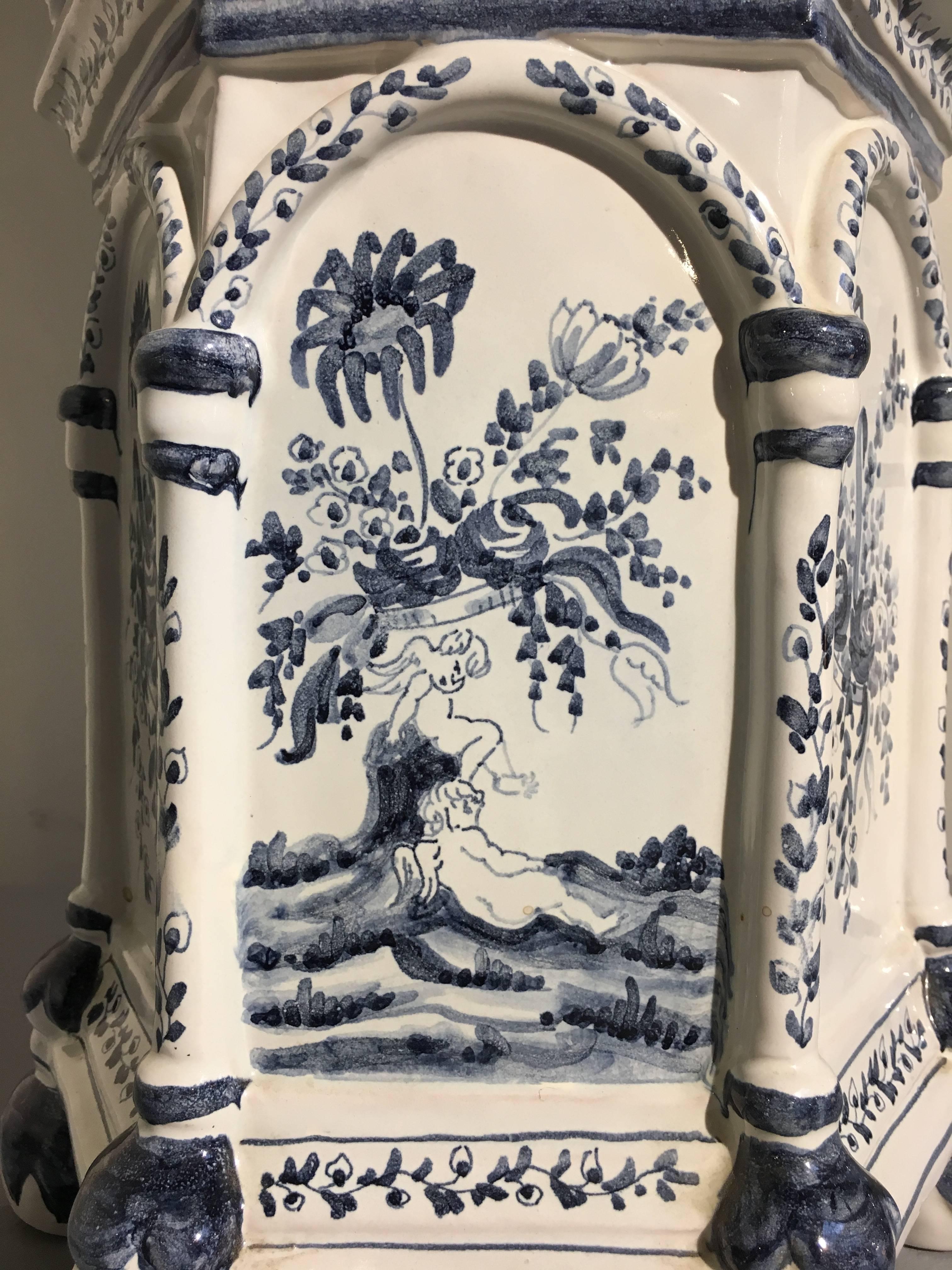 Hand-Painted Italian Blue and White Painted Faience Pagoda Form Tulipiere, Mid-20th Century