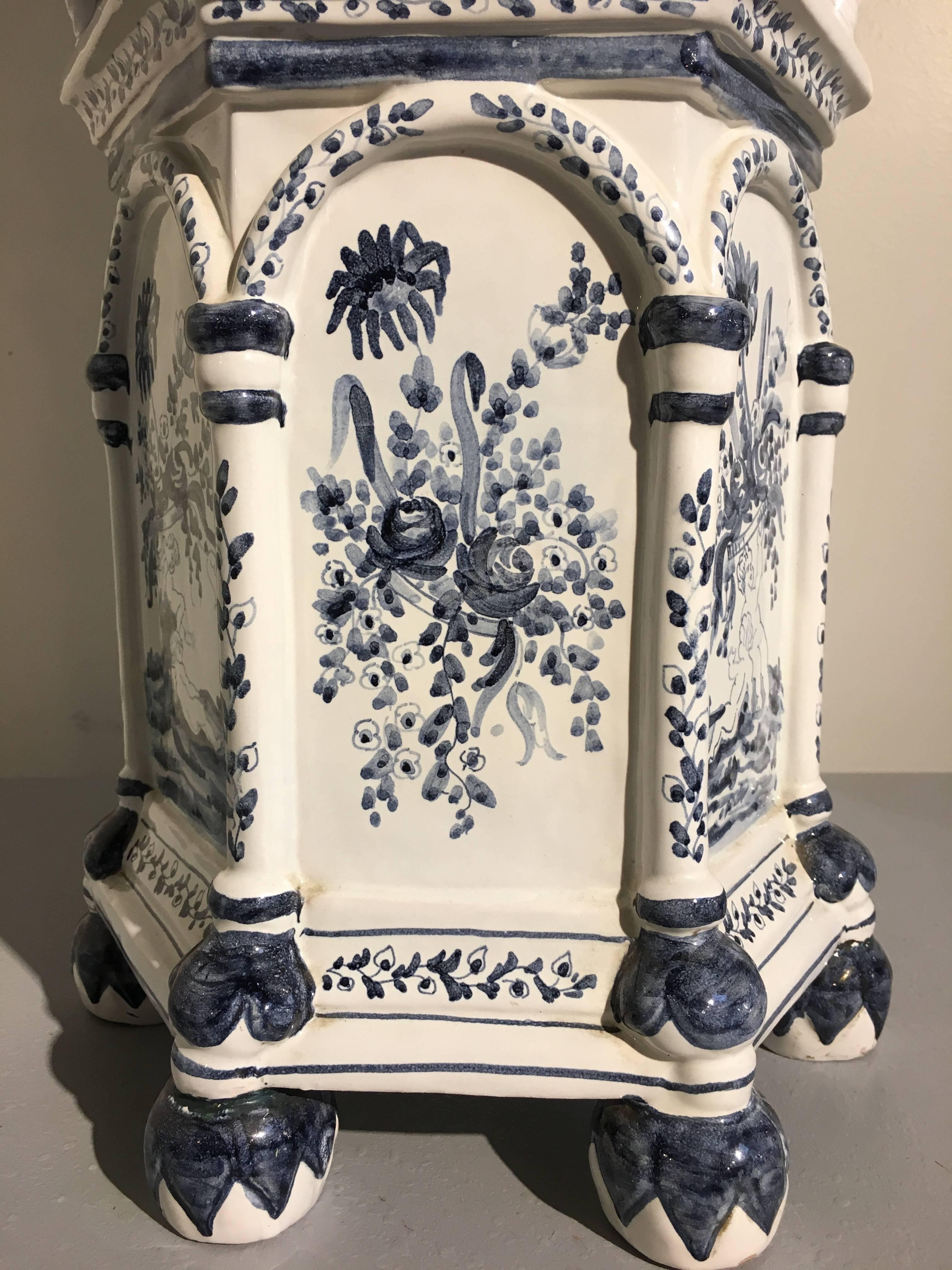 Chinoiserie Italian Blue and White Painted Faience Pagoda Form Tulipiere, Mid-20th Century