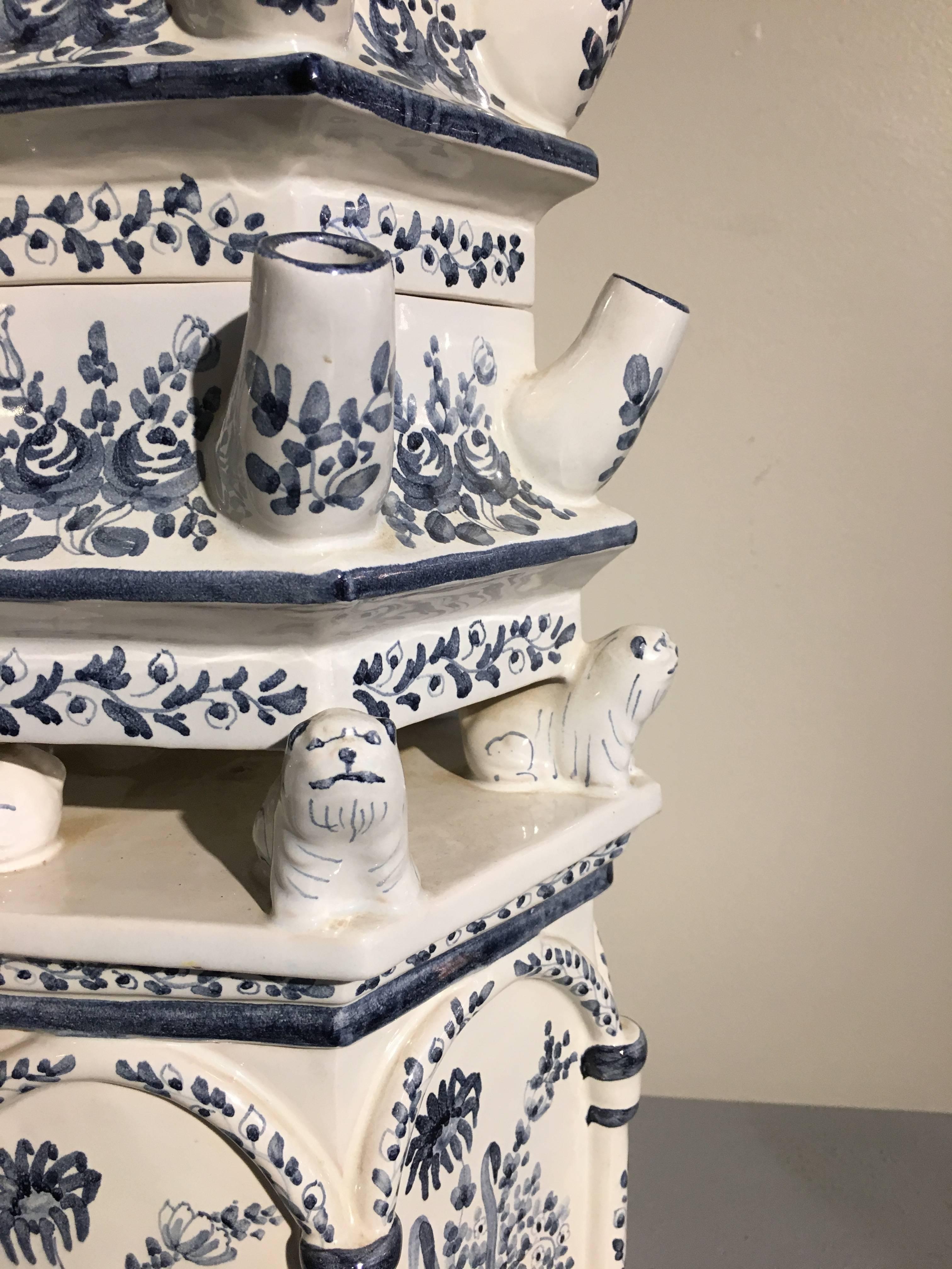 Italian Blue and White Painted Faience Pagoda Form Tulipiere, Mid-20th Century In Good Condition In Austin, TX