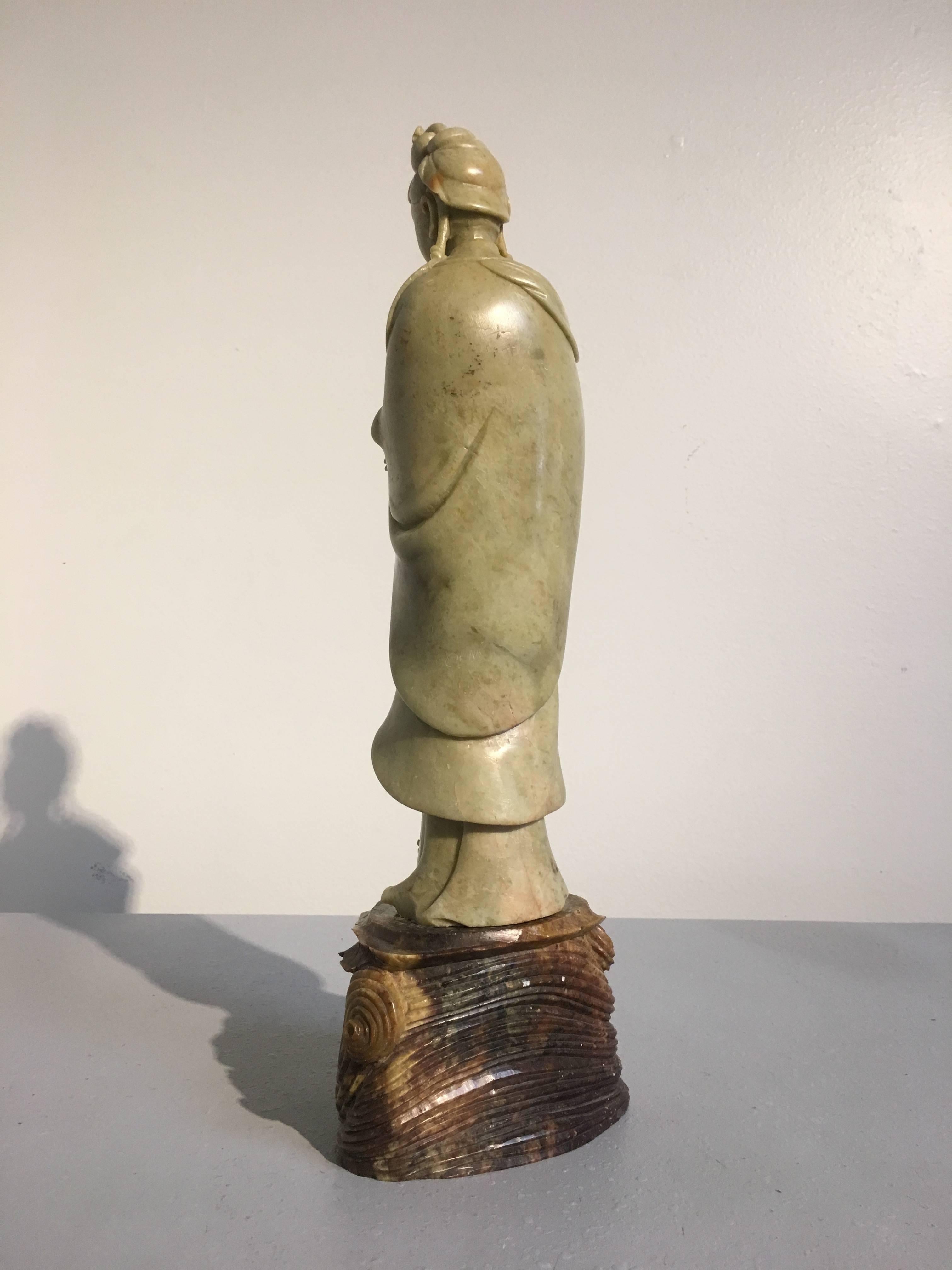 Qing Chinese Republic Period Carved Soapstone Guanyin, Early 20th Century