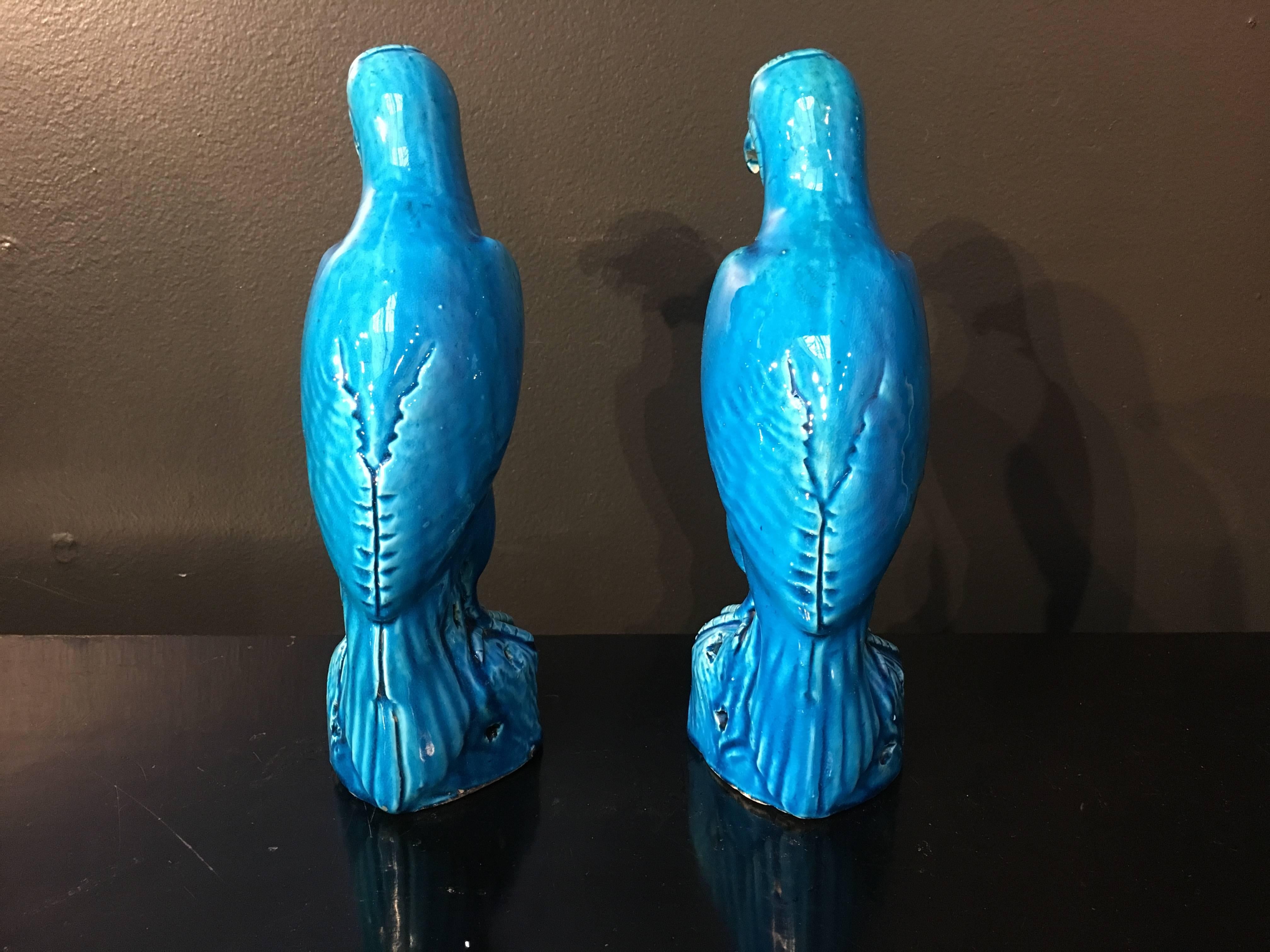 Pair of Chinese Export Turquoise Glazed Hawks, Late 19th Century, China  In Good Condition For Sale In Austin, TX