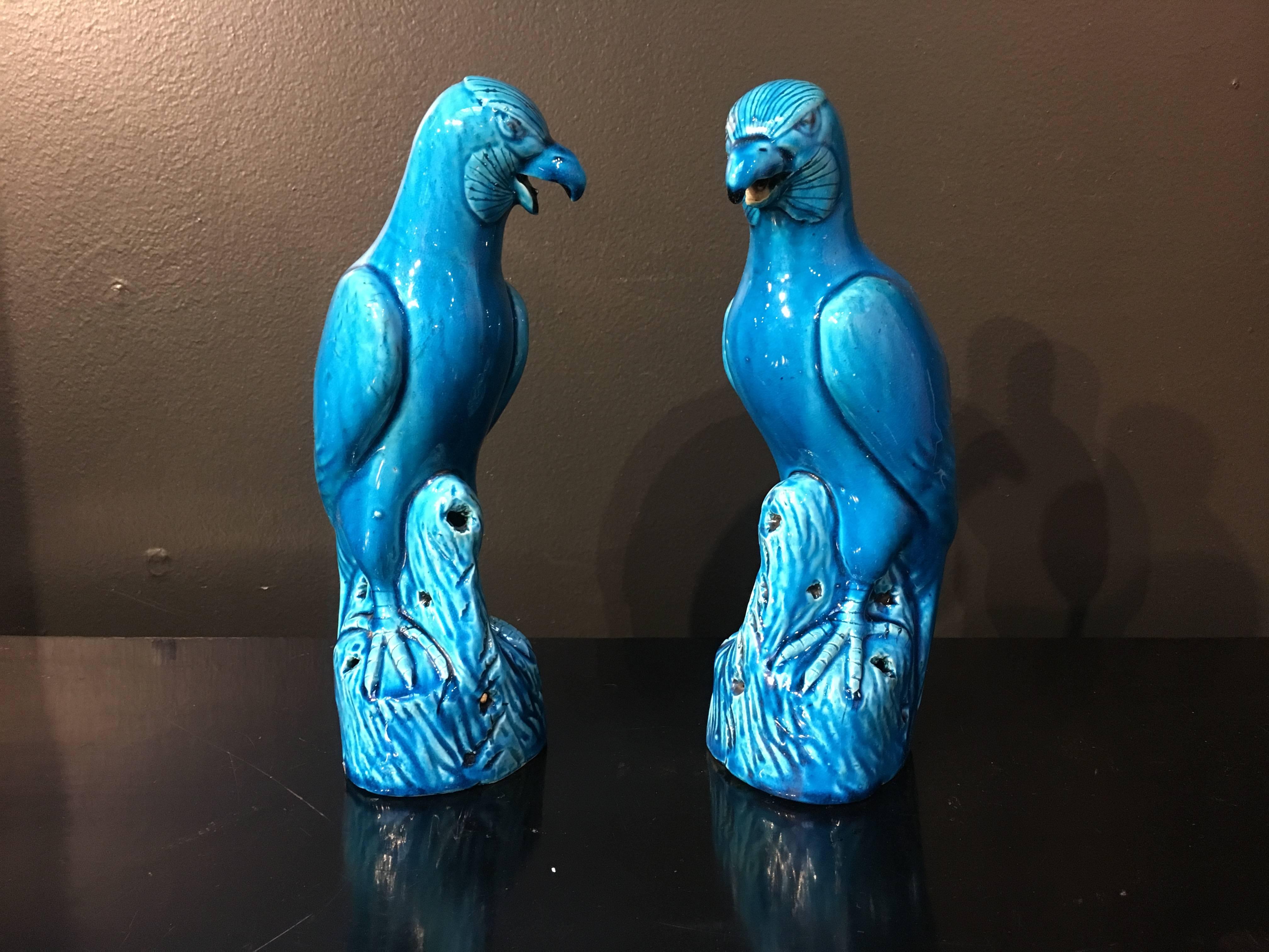 Magnifique paire de modèles de faucons en porcelaine émaillée turquoise, dynastie Qing, fin du XIXe siècle, Chine. 

Les féroces oiseaux de proie sont bien modélisés et représentés perchés sur des affleurements rocheux, la tête légèrement tournée