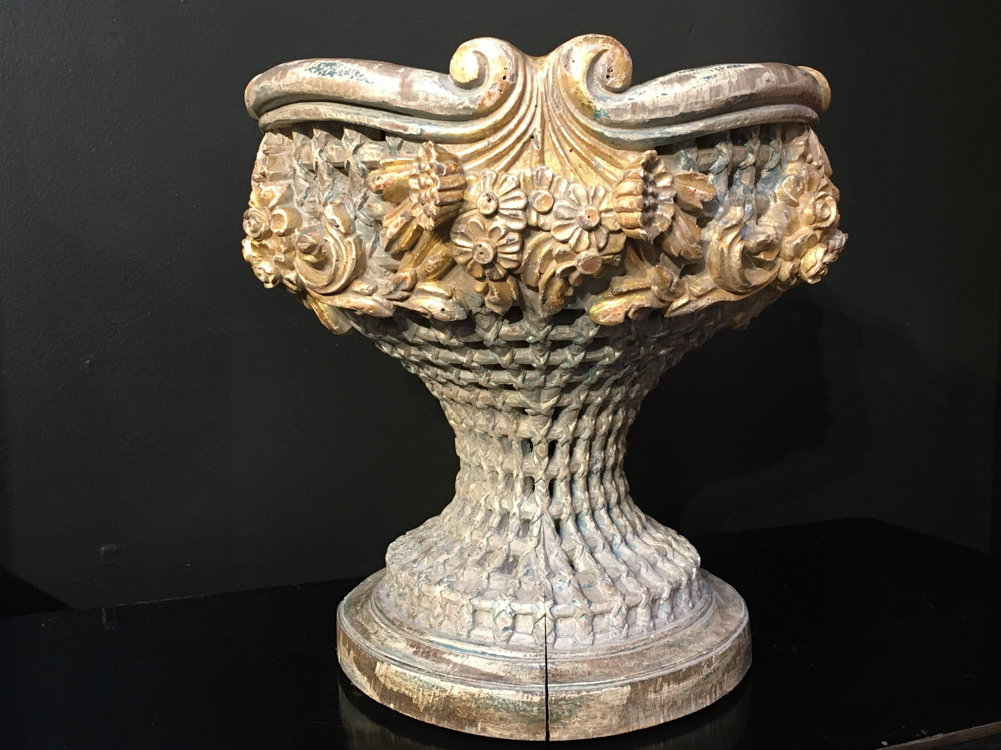 Italian Carved, Polychrome, Gilt Basket Form Centerpiece Jardiniere, circa 1900 In Fair Condition In Austin, TX