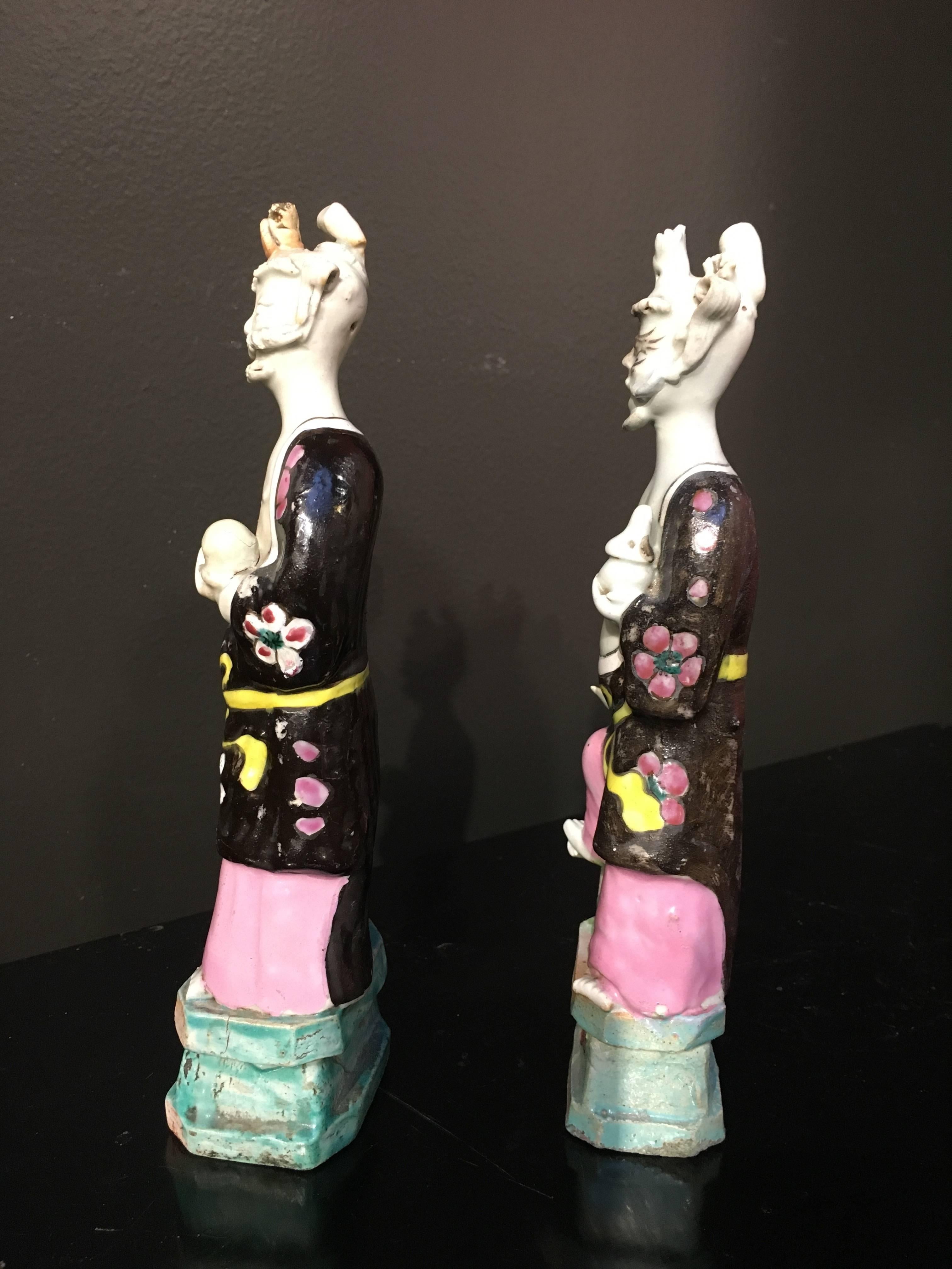 Pair Chinese Export Famille Rose Figures of Immortals, 18th Century, China In Good Condition For Sale In Austin, TX