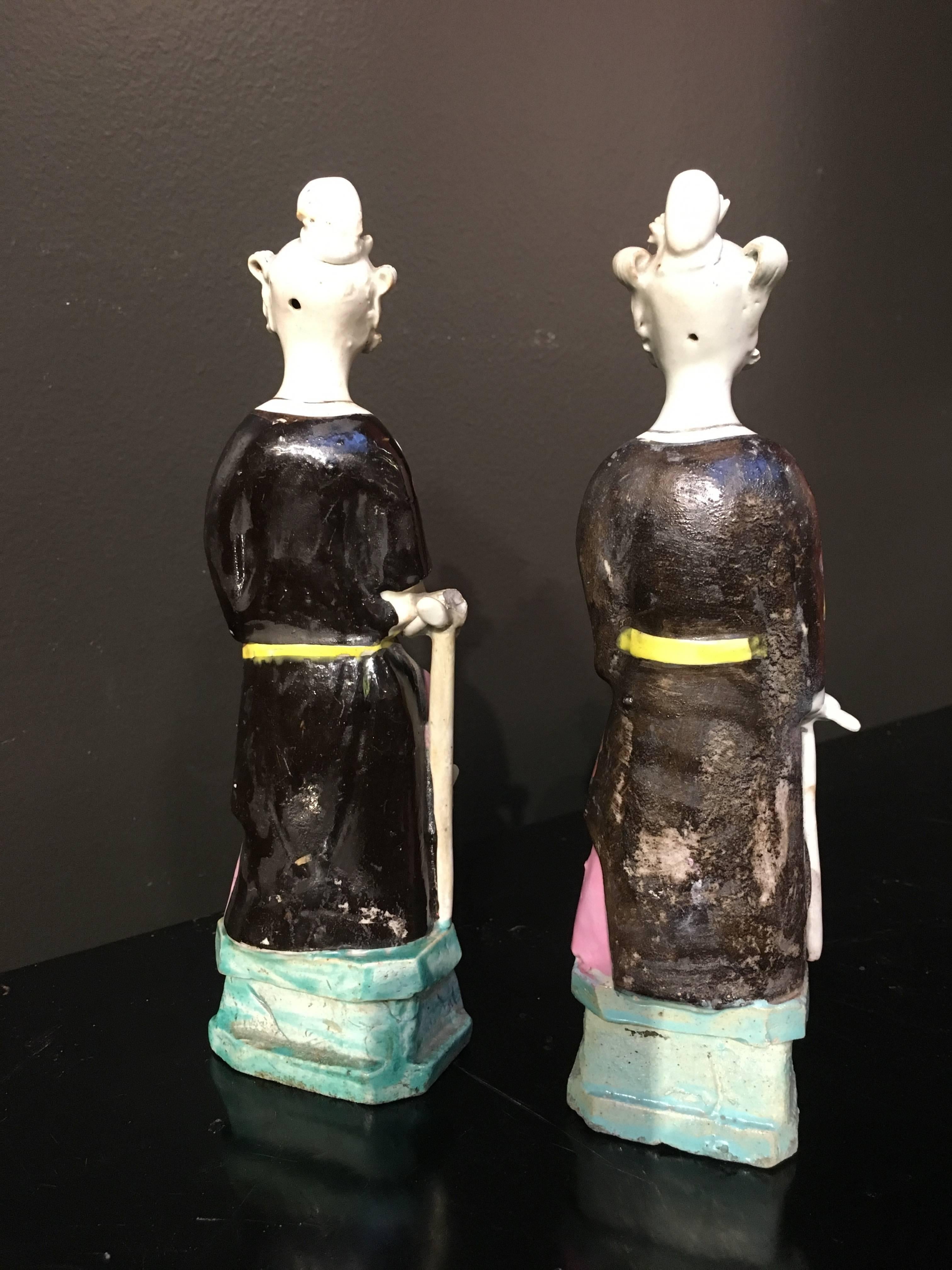 Glazed Pair Chinese Export Famille Rose Figures of Immortals, 18th Century, China For Sale