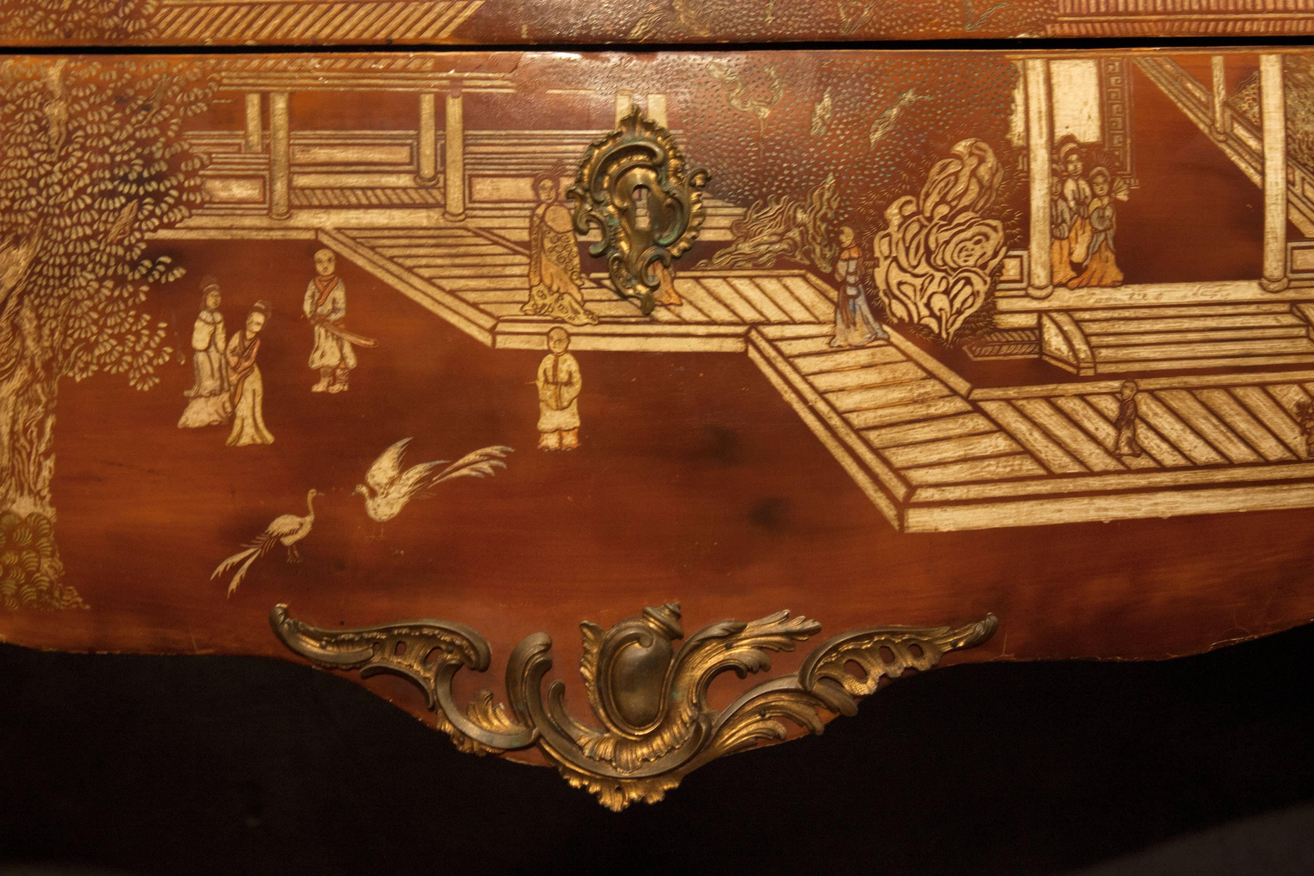 French 19th Century Louis XV Style Brown Lacquer Chinoiserie Bronze-Mounted Commode For Sale