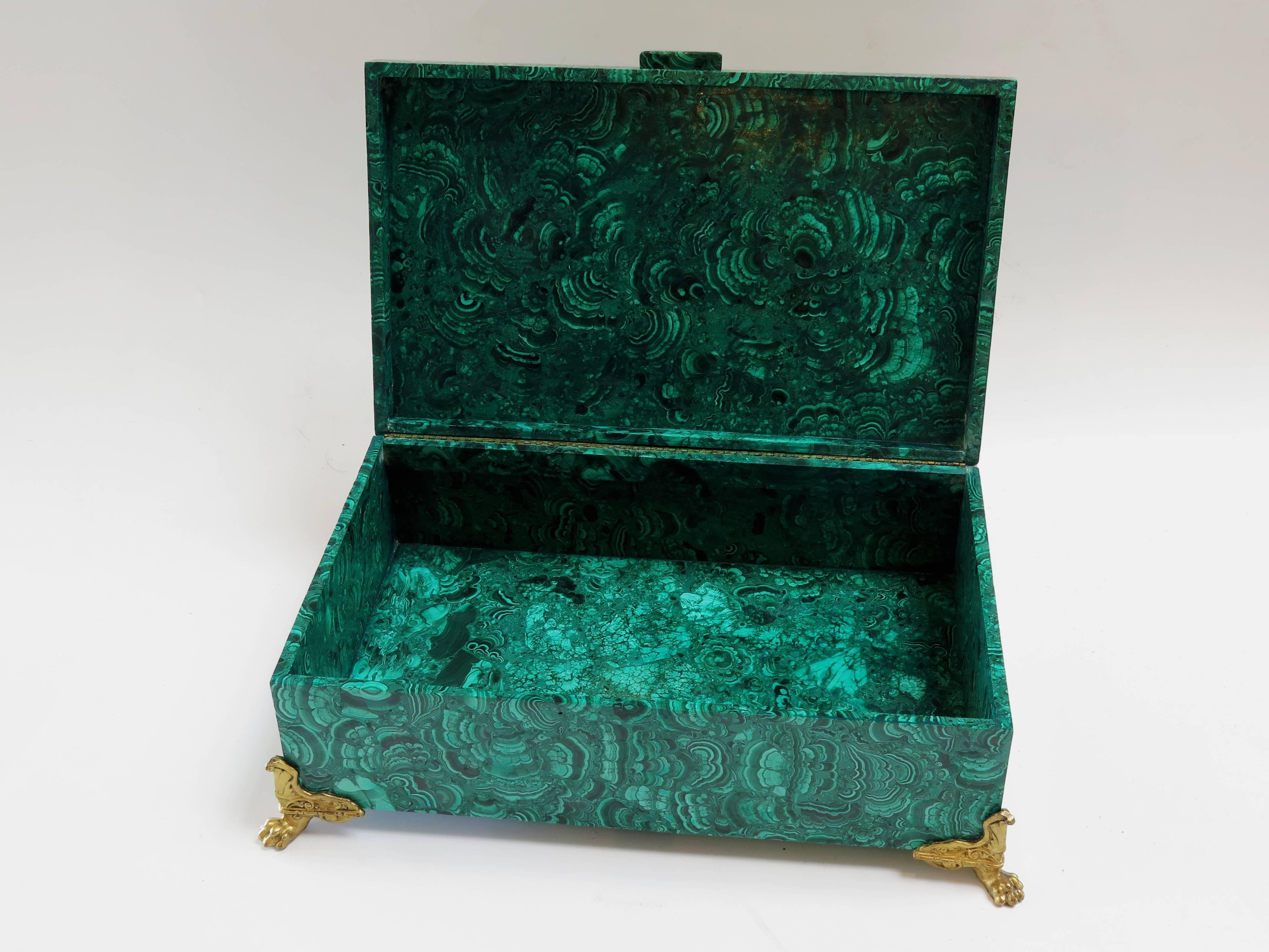 Russian Impressive Large Gilt Bronze Solid Malachite Box