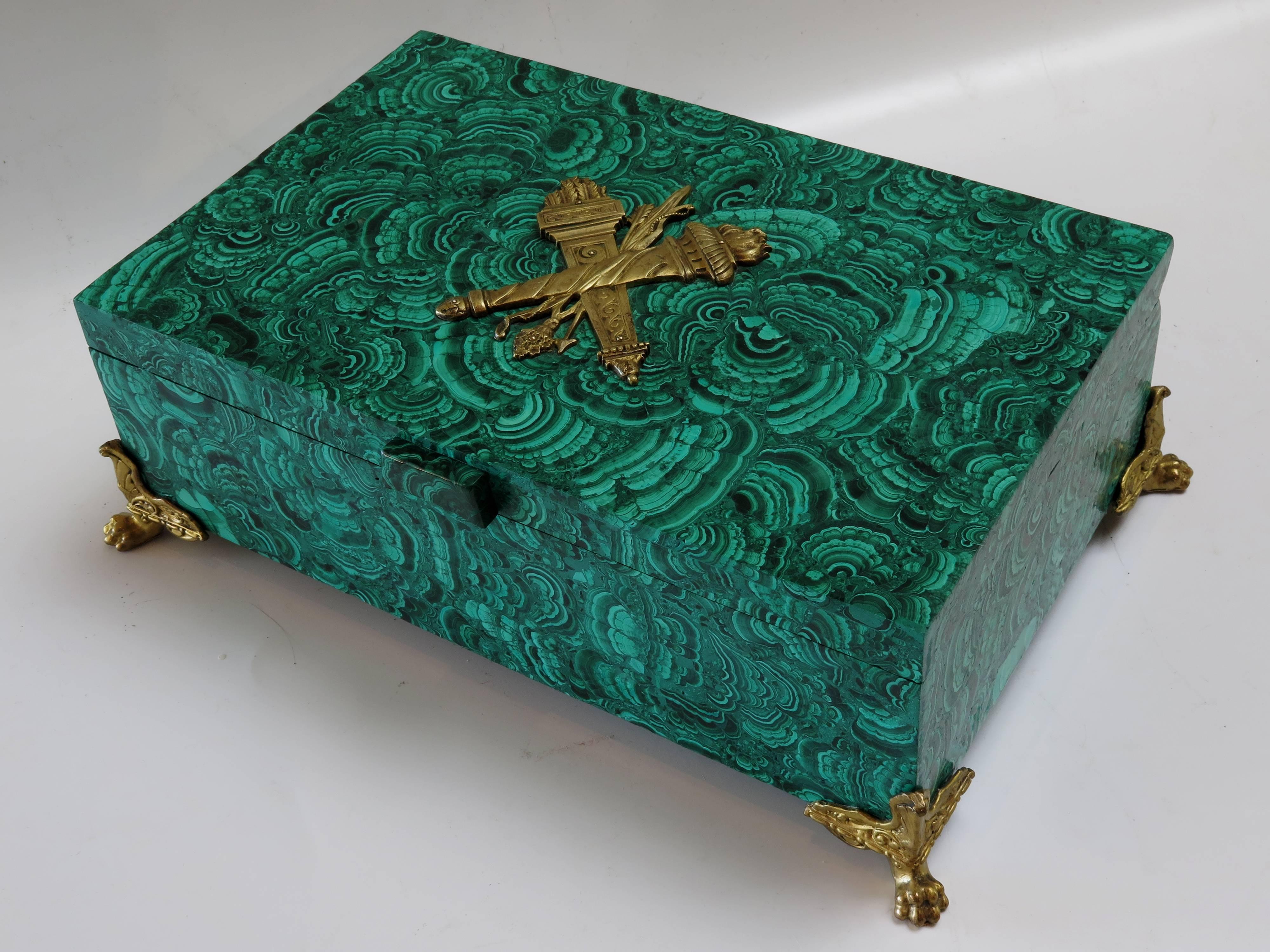 Empire Impressive Large Gilt Bronze Solid Malachite Box