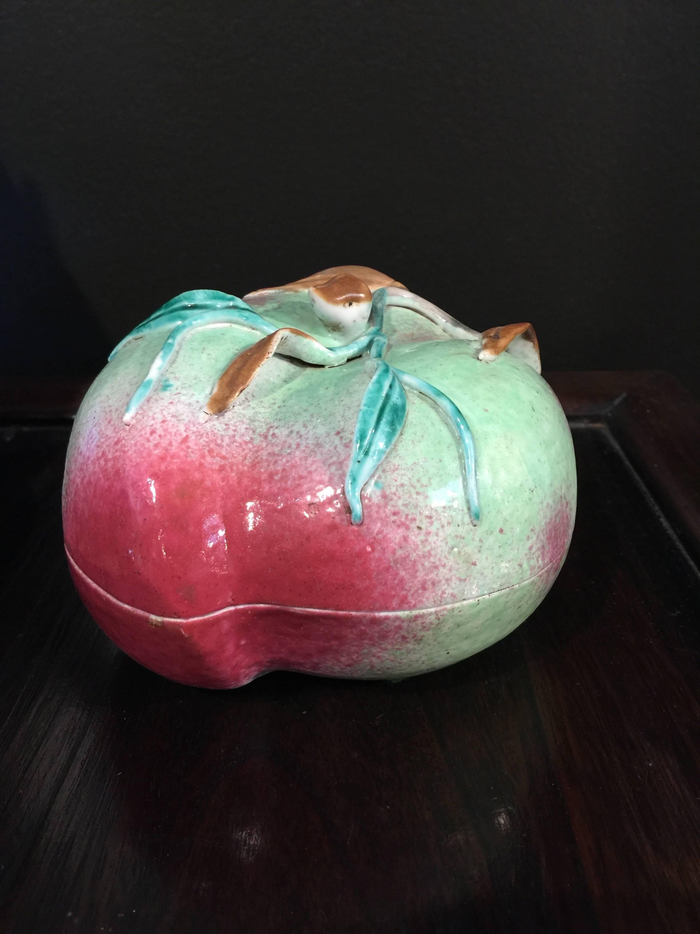 Glazed Chinese Famille Rose Altar Fruit Peach Form Box