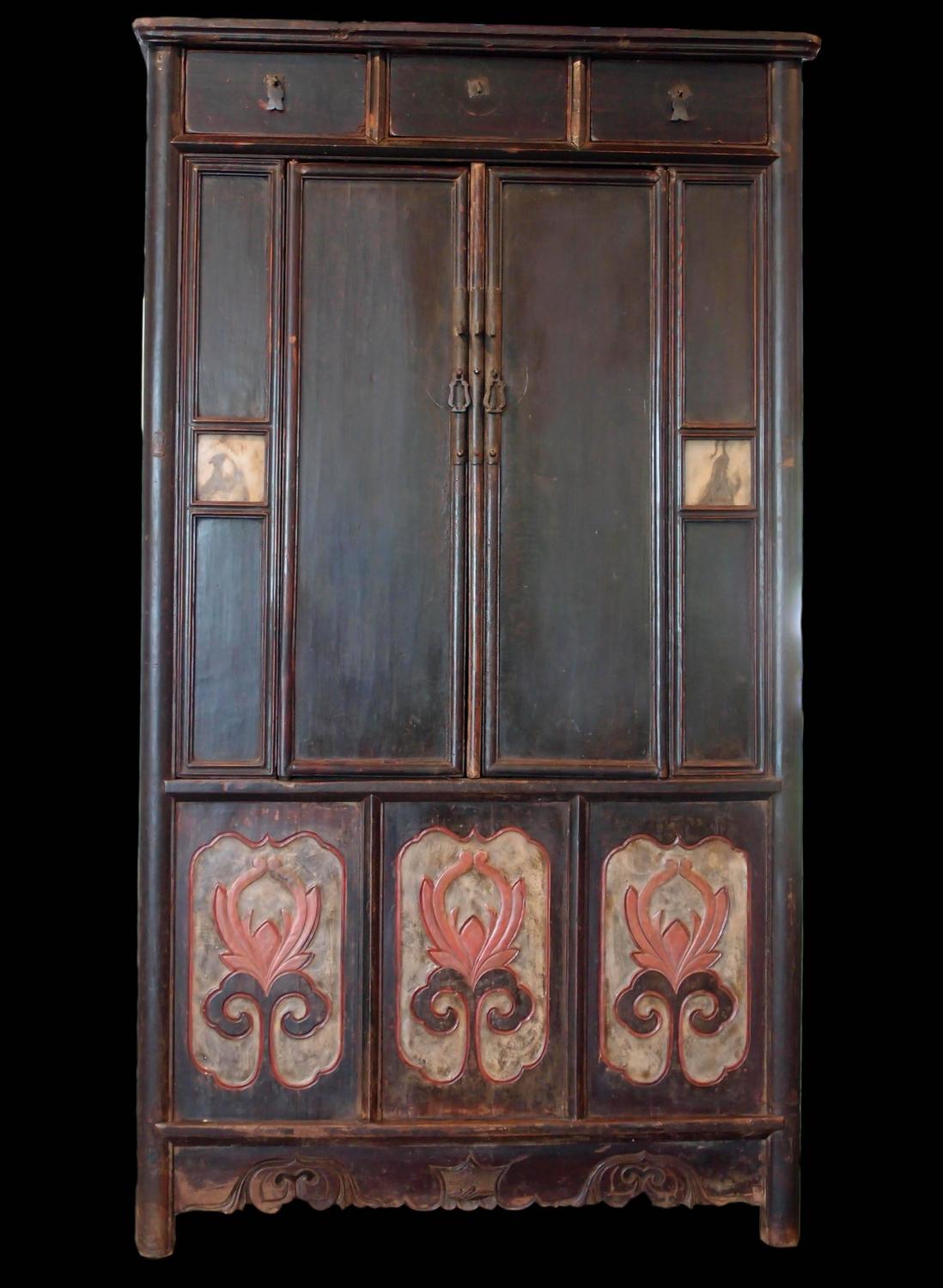 Chinese Lacquered Tall Cabinet Chest With Flower Panels And Dream Chinese Lacquered Tall Cabinet Chest With Flower Panels And Dream Stones Inset For At 1stdibs