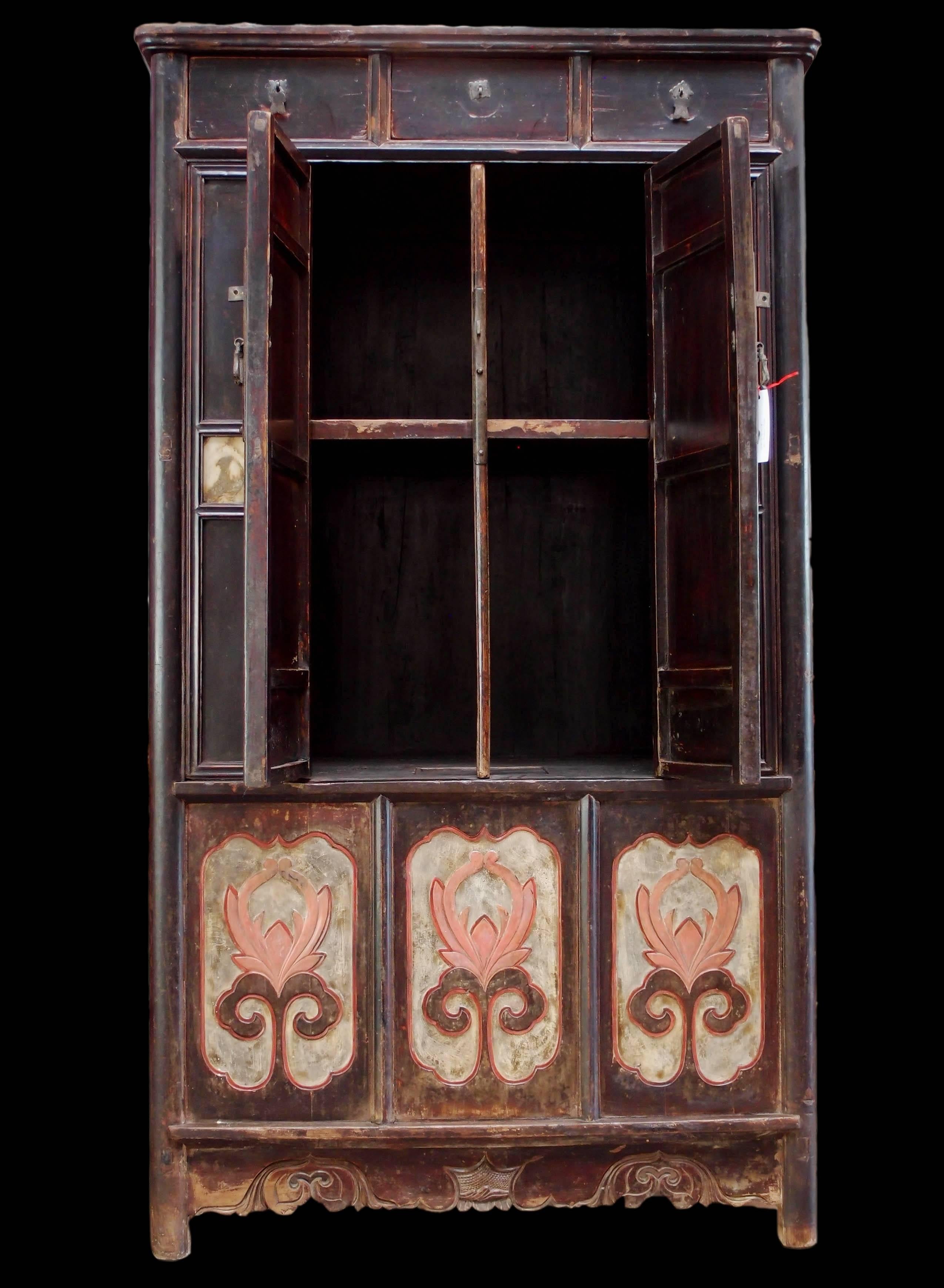 Lacquered Chinese Lacquer and Painted Cabinet with Dreamstone Insets, Qing Dynasty, 19th c For Sale