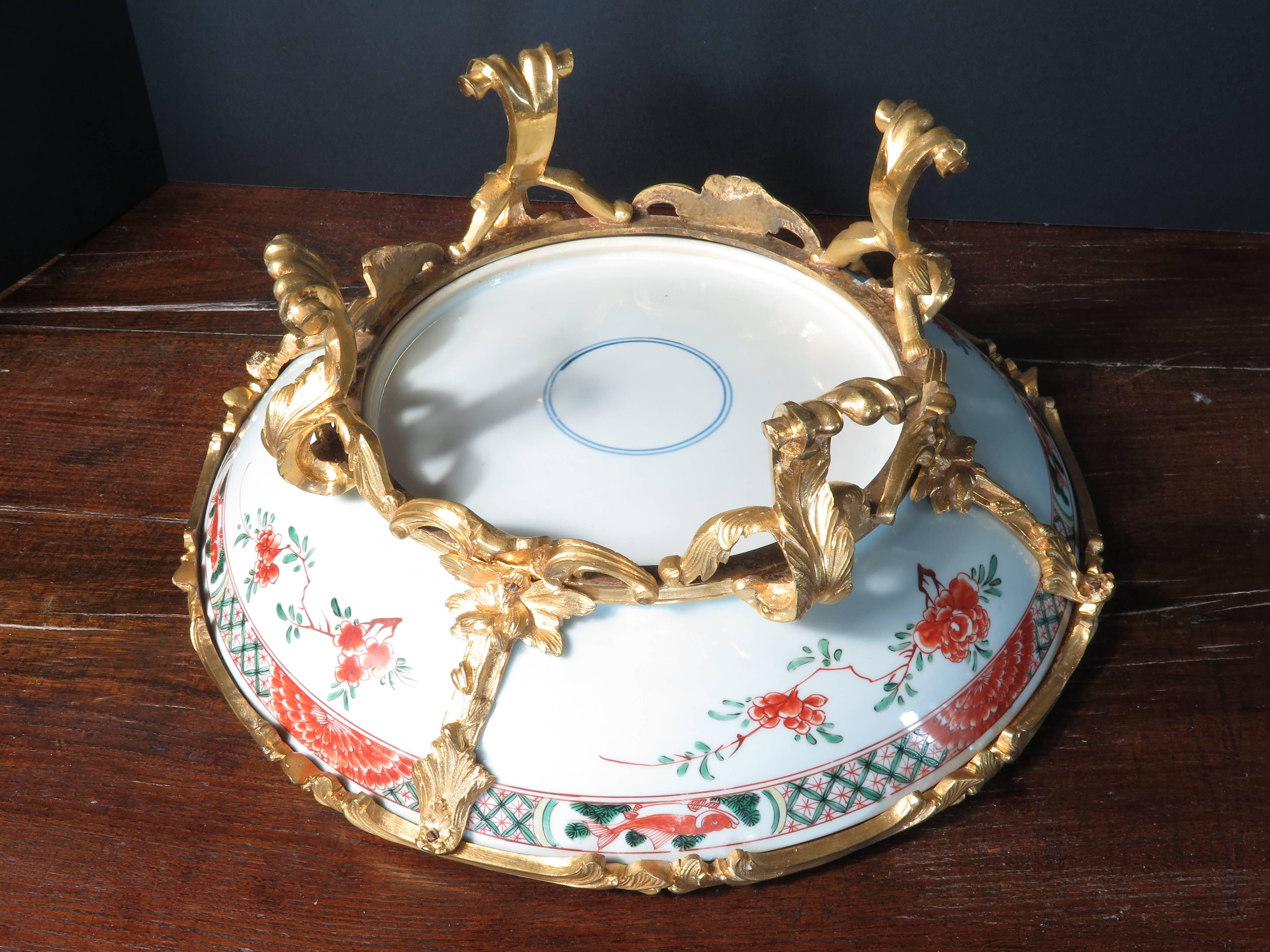 Chinoiserie French Ormolu Mounted Kangxi Period Famille Verte Porcelain Centerpiece For Sale