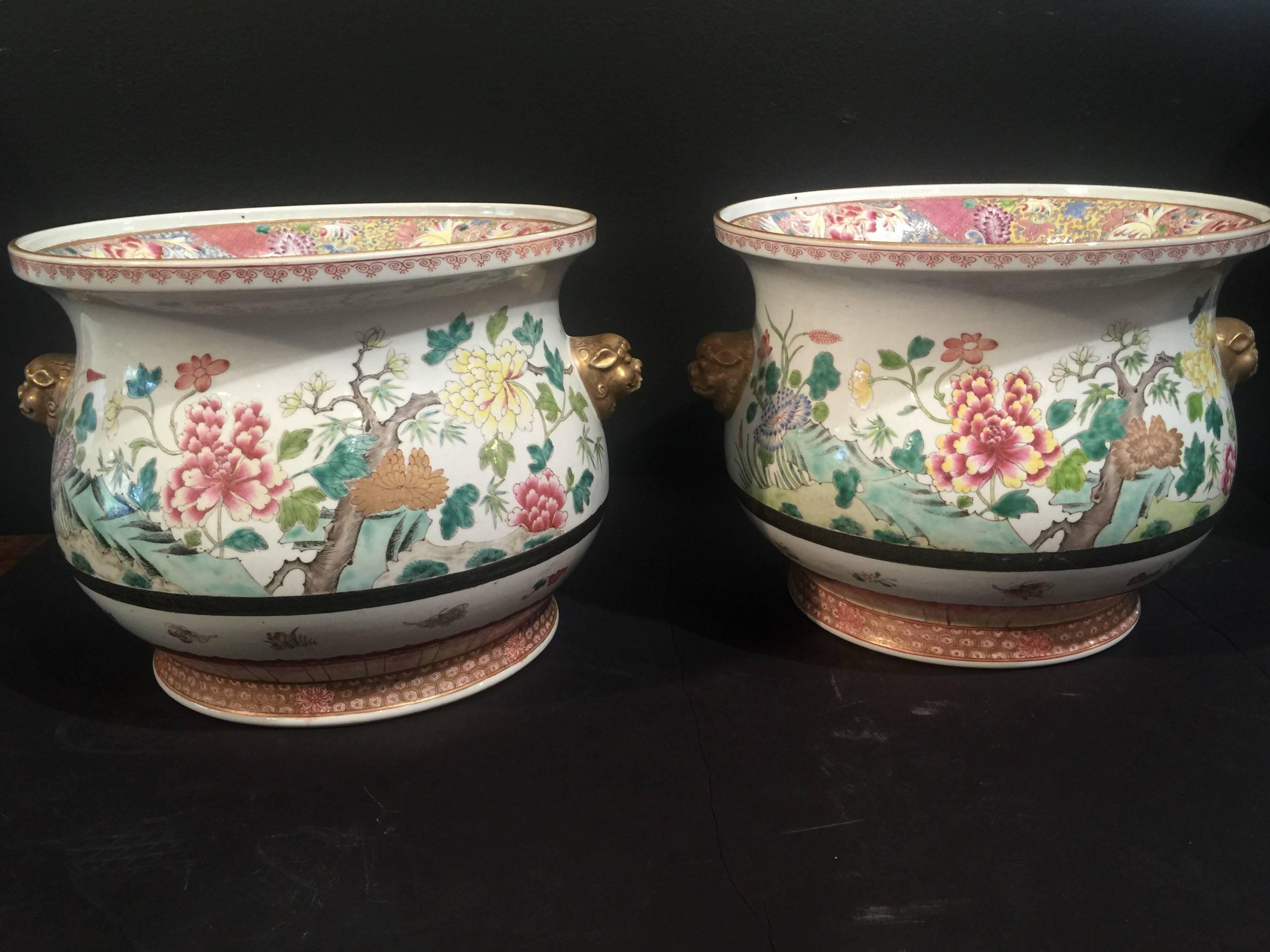 Enameled Pair of Chinese Famille Rose Cachepots