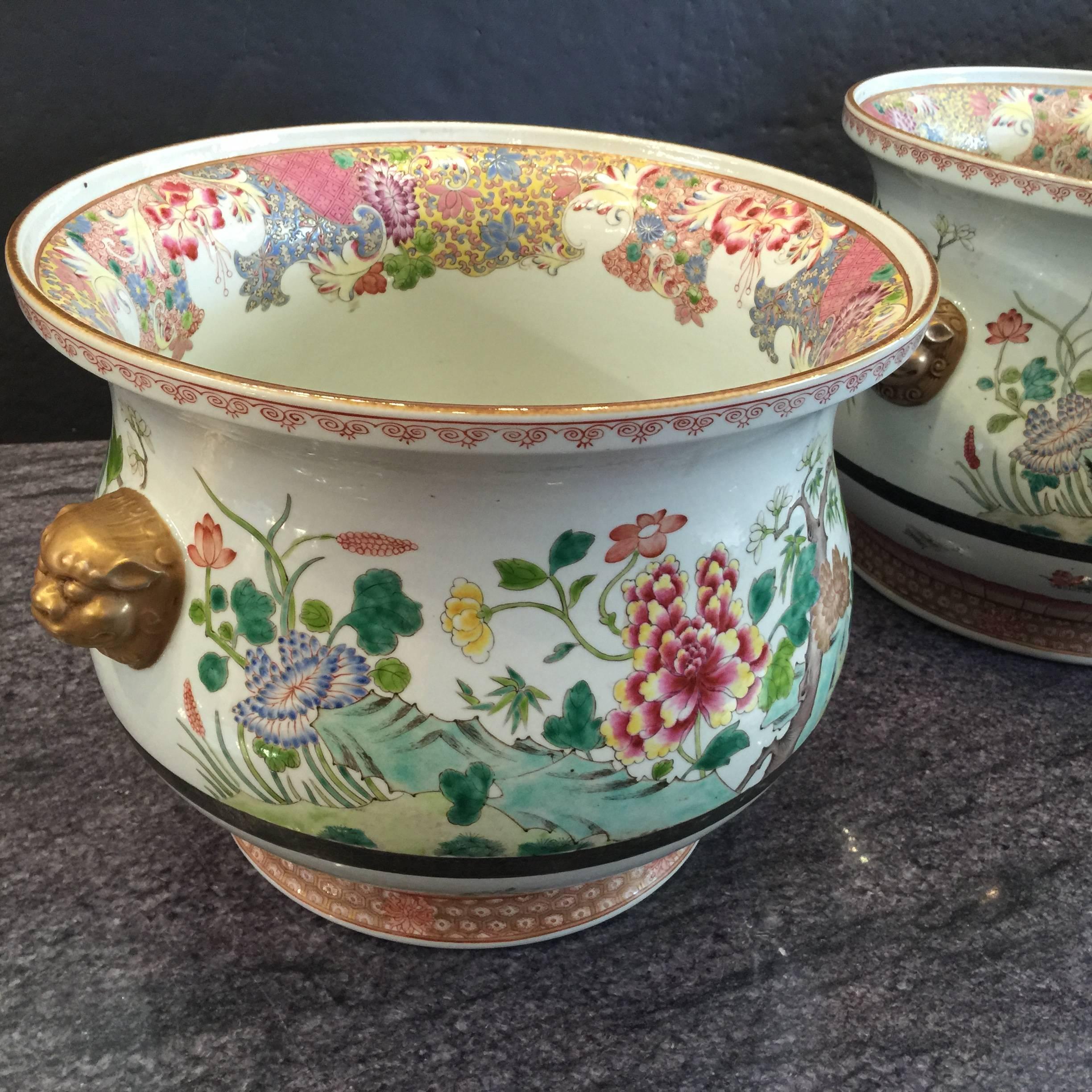 19th Century Pair of Chinese Famille Rose Cachepots