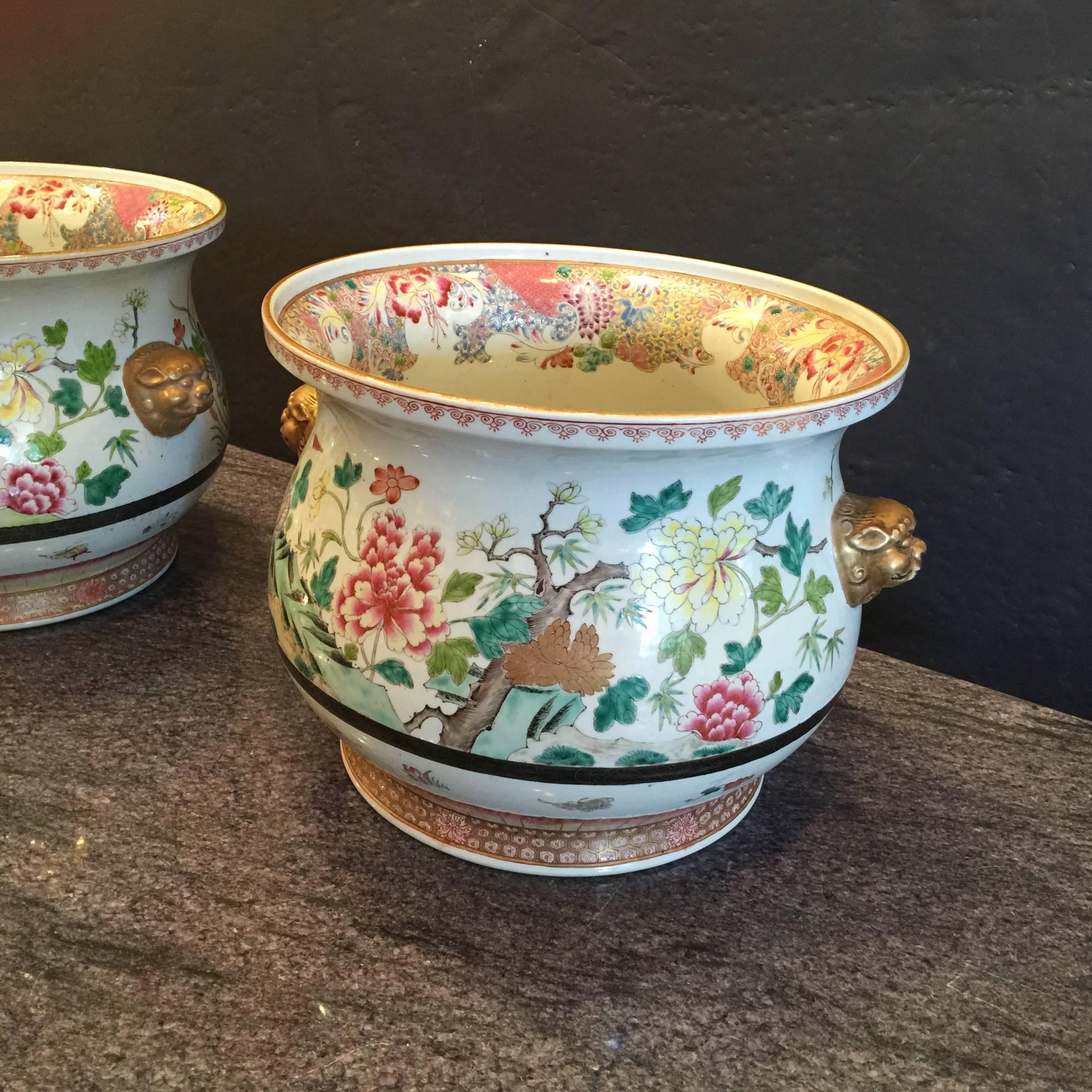 Enamel Pair of Chinese Famille Rose Cachepots