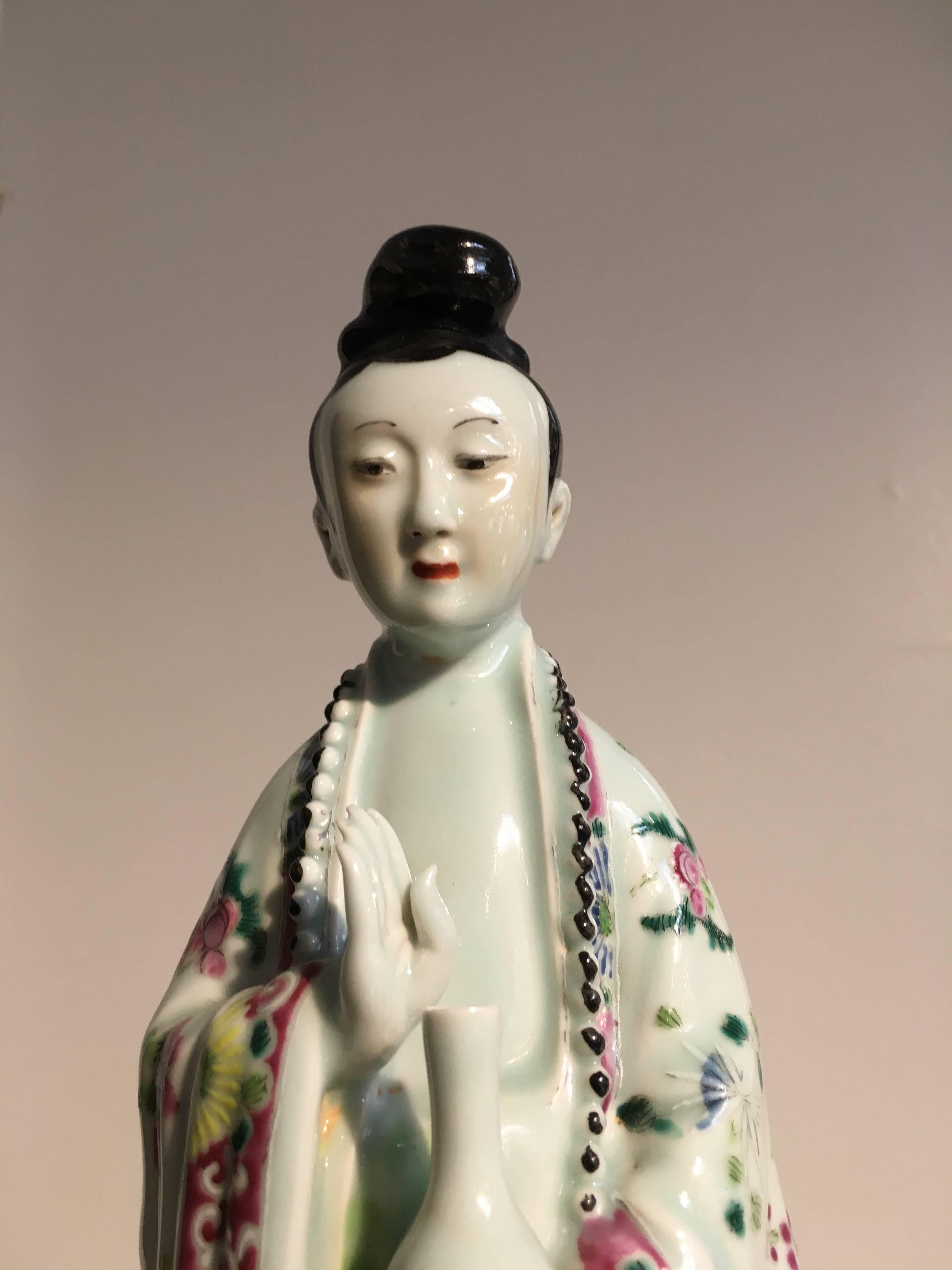 19th Century Large Chinese Famille Rose Enameled Porcelain Model of Guanyin