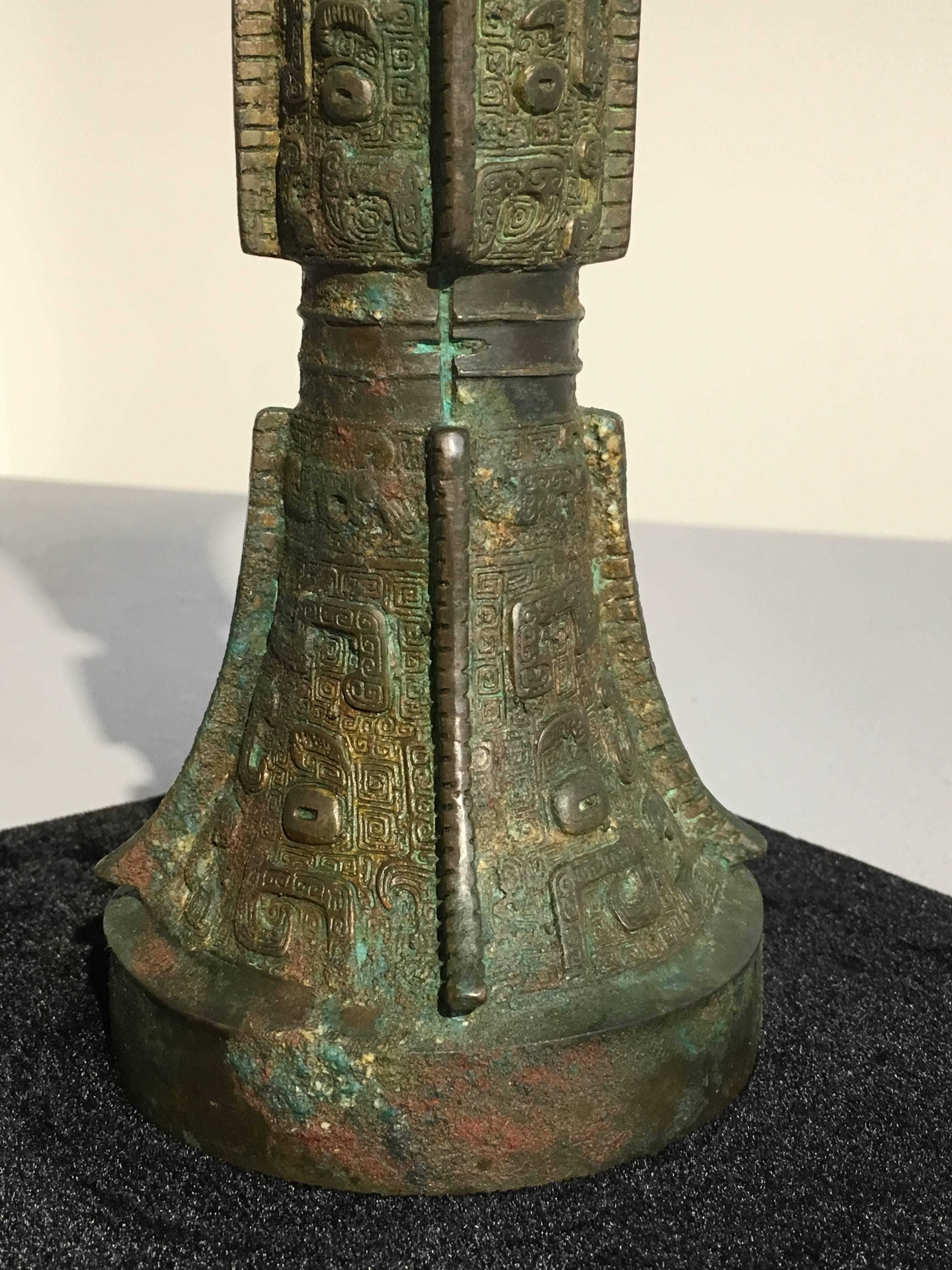 Cast Extremely Rare Late Shang Dynasty Inlaid Bronze Gu Vessel For Sale