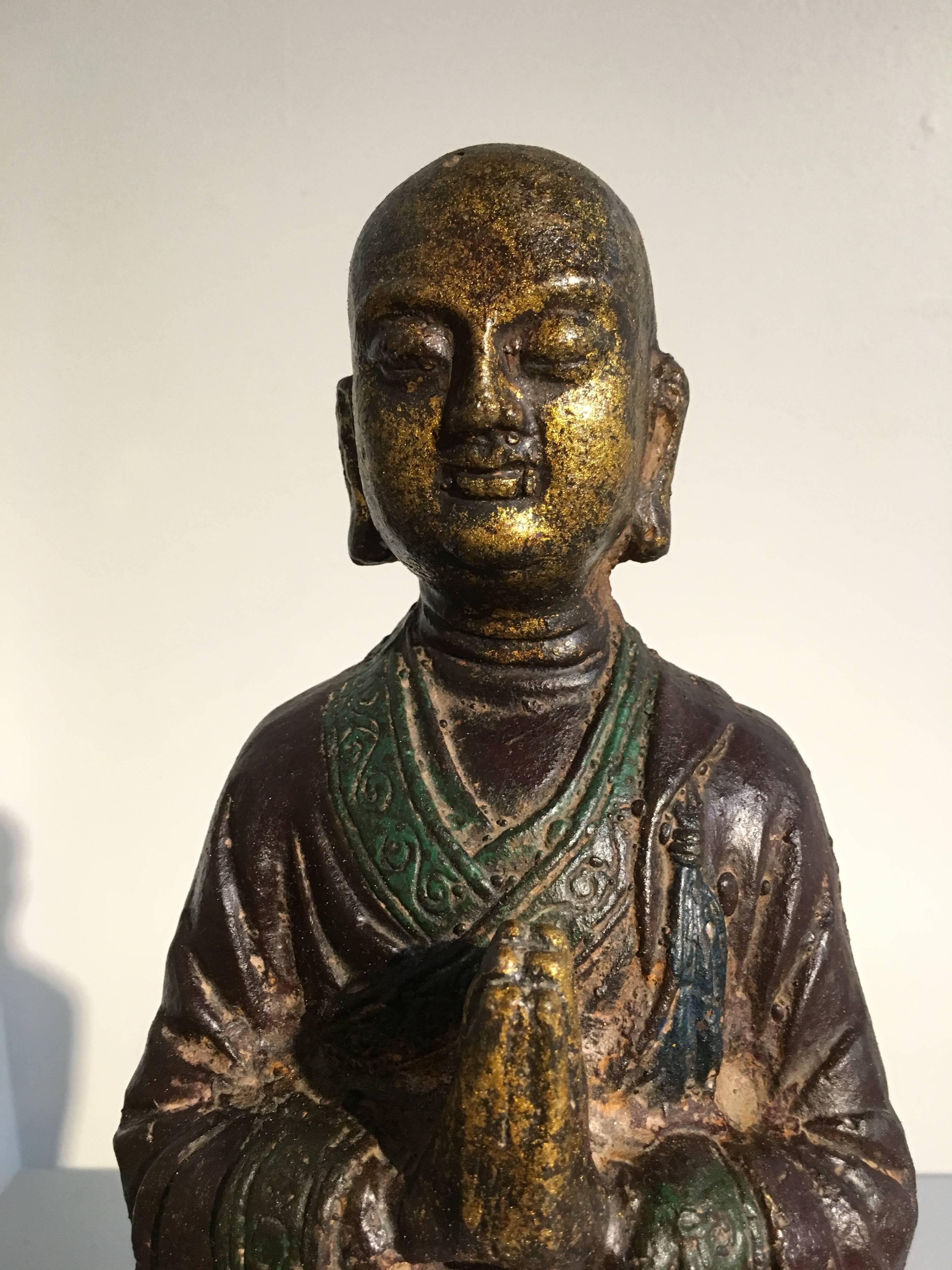 Cast Ming Dynasty Polychrome Lacquer and Gilt Iron Figure of Ananda For Sale