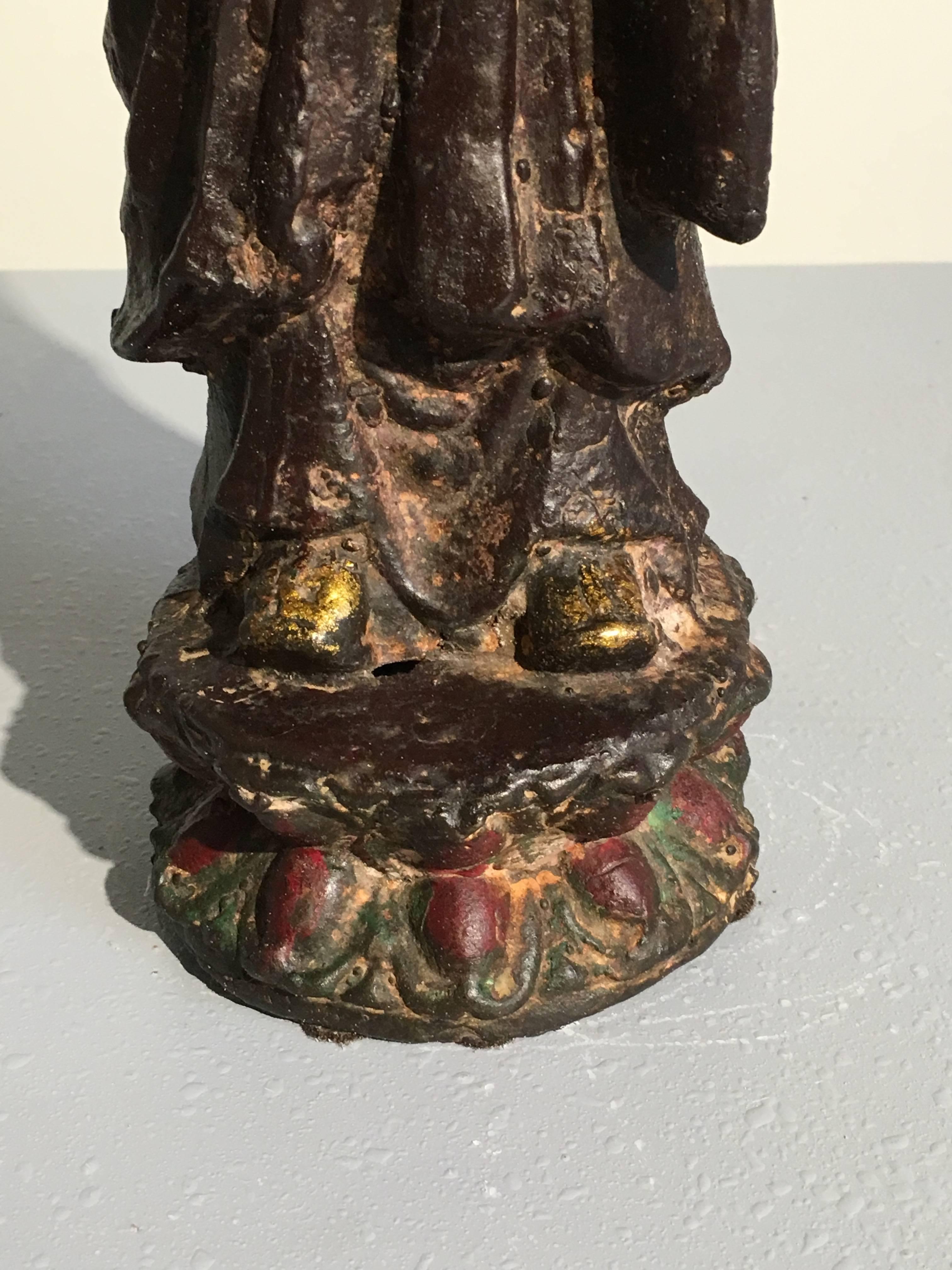 Ming Dynasty Polychrome Lacquer and Gilt Iron Figure of Ananda For Sale 2