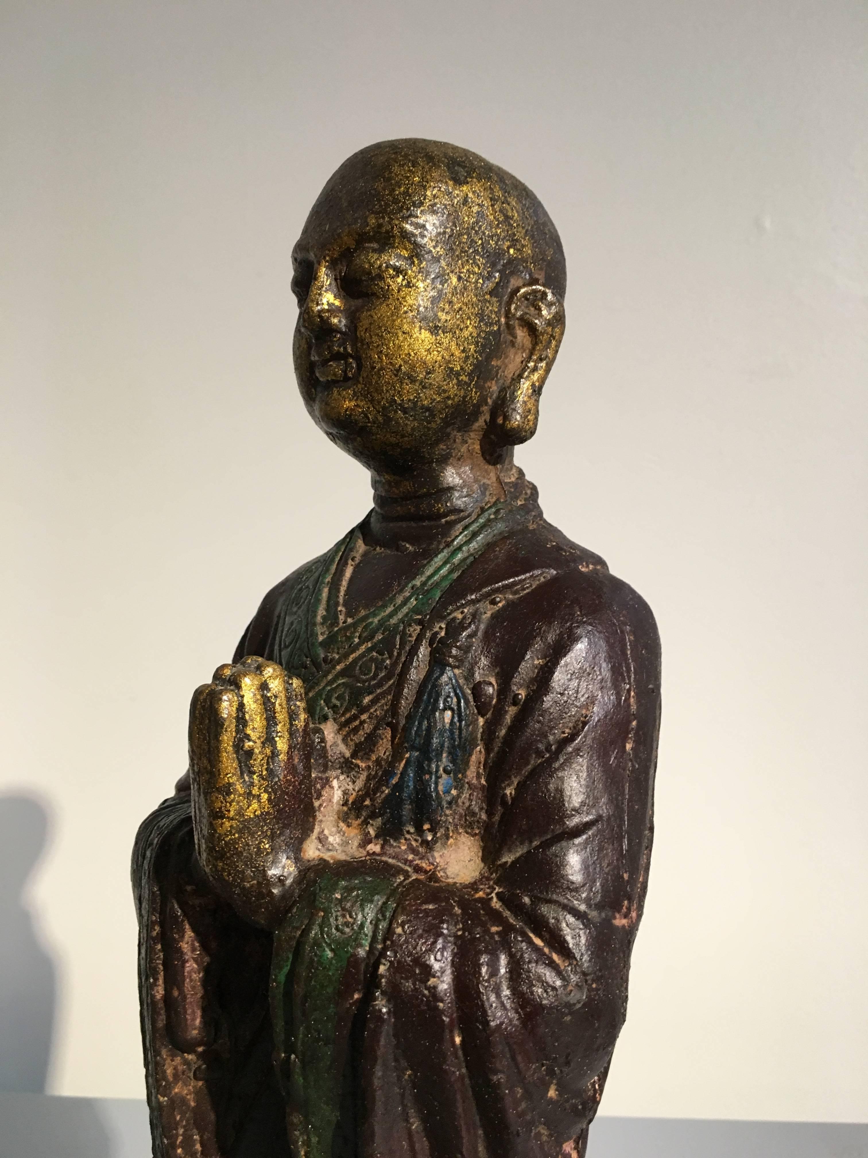 18th Century and Earlier Ming Dynasty Polychrome Lacquer and Gilt Iron Figure of Ananda For Sale