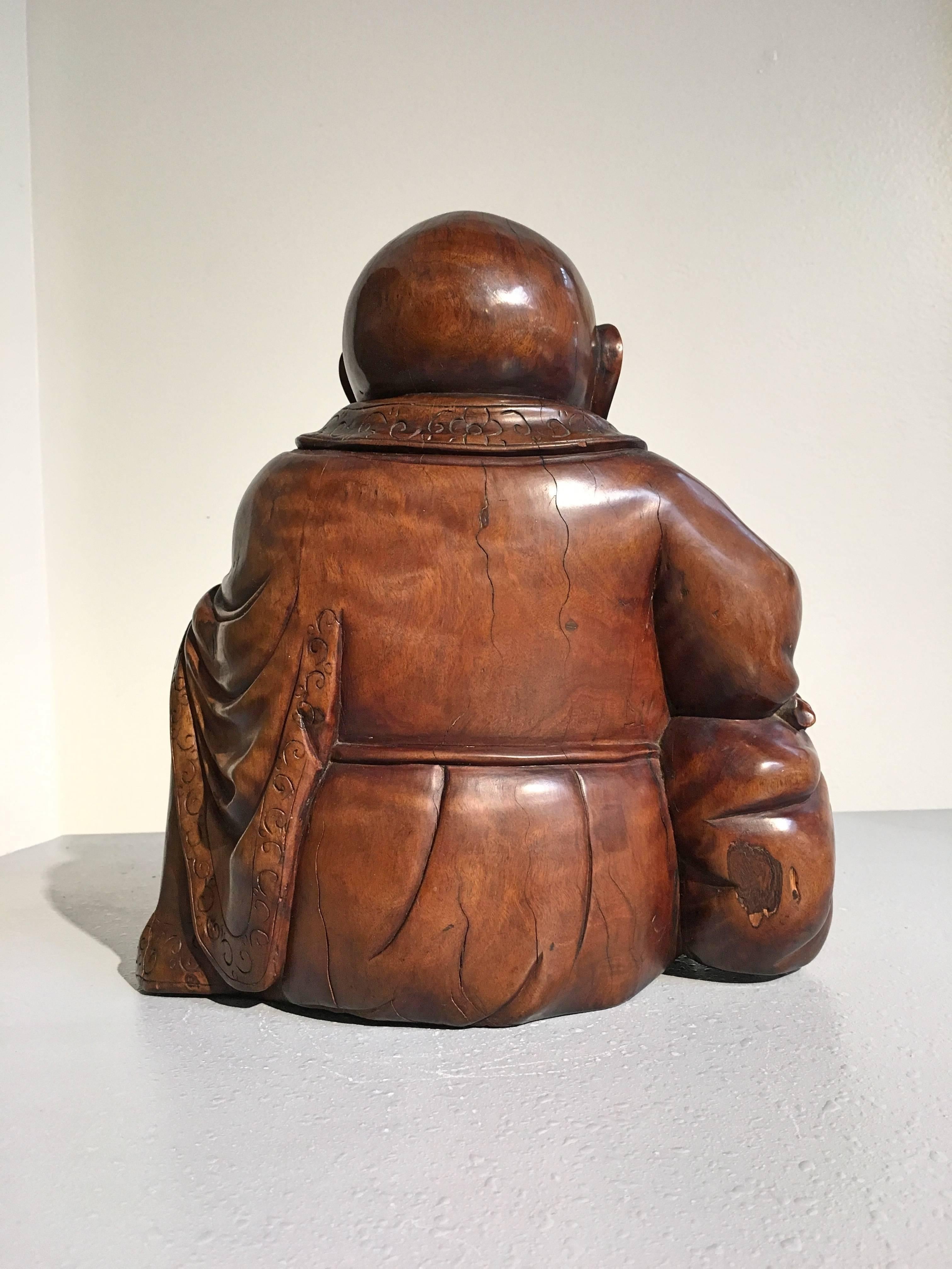 Hand-Carved Chinese Carved Hardwood Figure of Budai, Qing Dynasty, Mid 19th Century, China