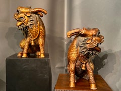 Chinese Pair Qilin Guardian Sculptures, Carved Wood and Gilt Lacquer, Circa 1900