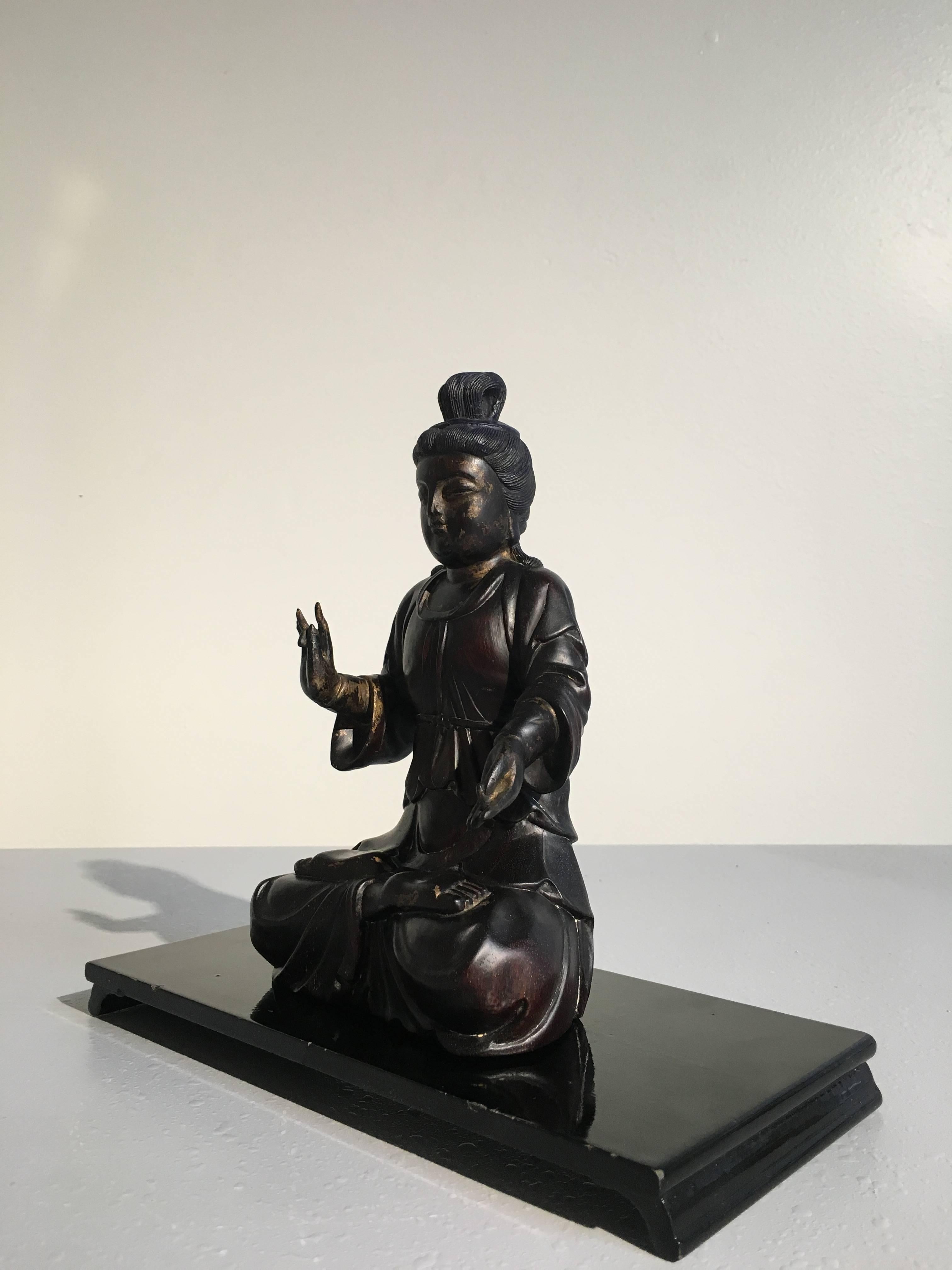 Gilt Chinese Carved Zitan Figure of a Bodhisattva, Qing Dynasty For Sale
