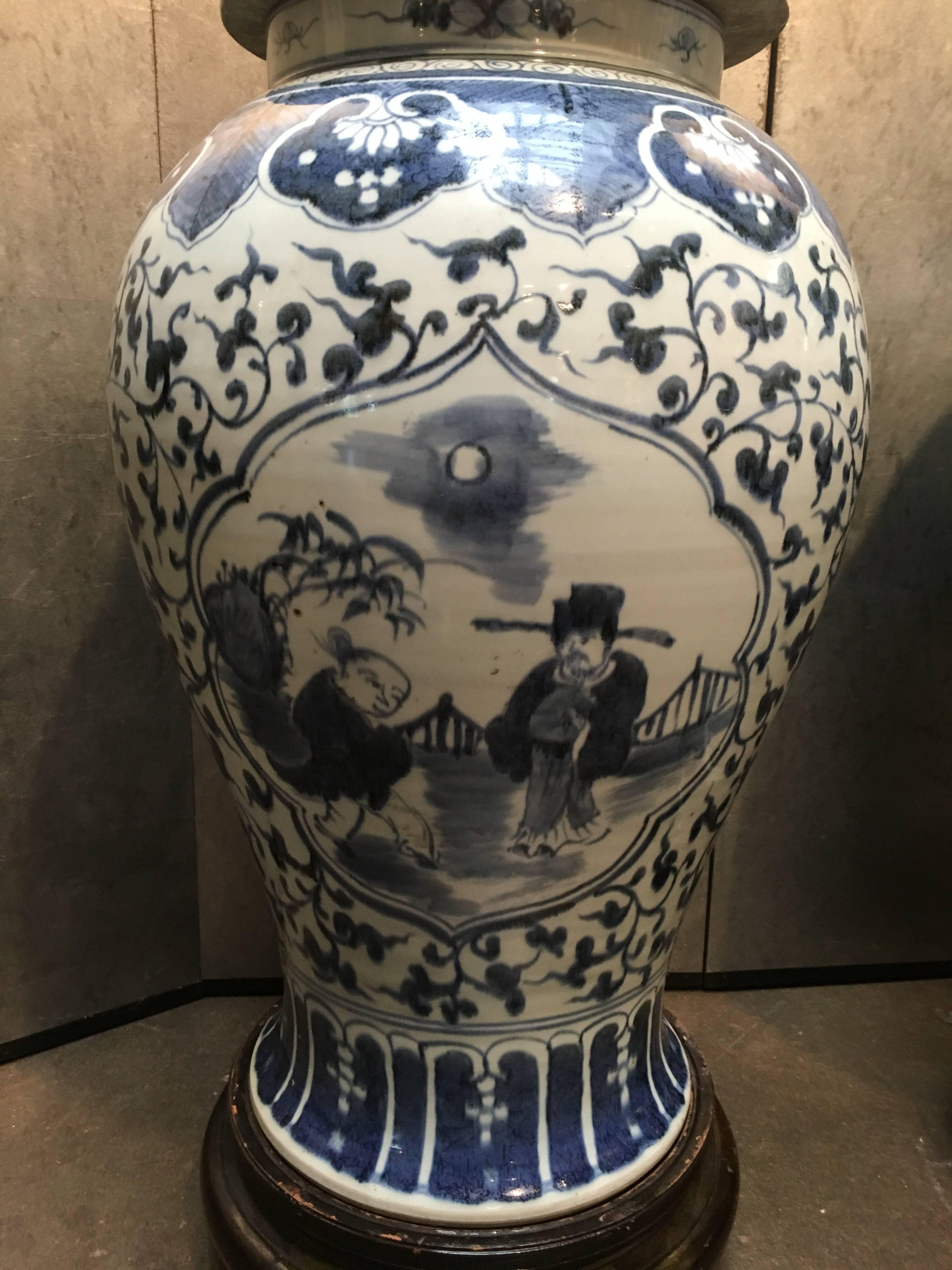 Glazed Pair of Large Chinese Blue and White Baluster Covered Jars