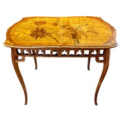 French Art Nouveau Ecole de Nancy Marquetry Side Table, Chrysanthemums, c 1900