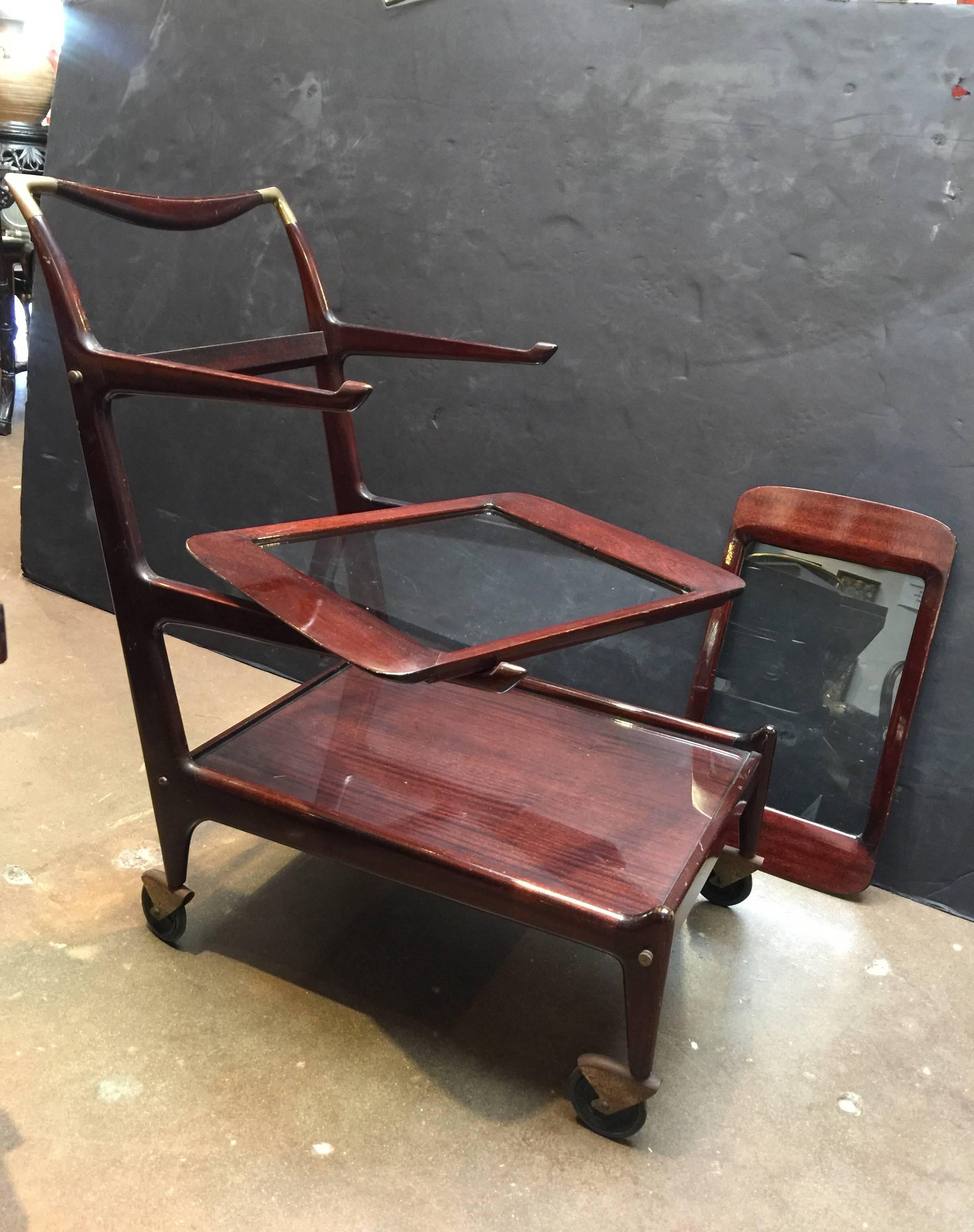 Sleek and Sexy Italian Mod Rosewood Bar Cart by Cesare Lacca 1