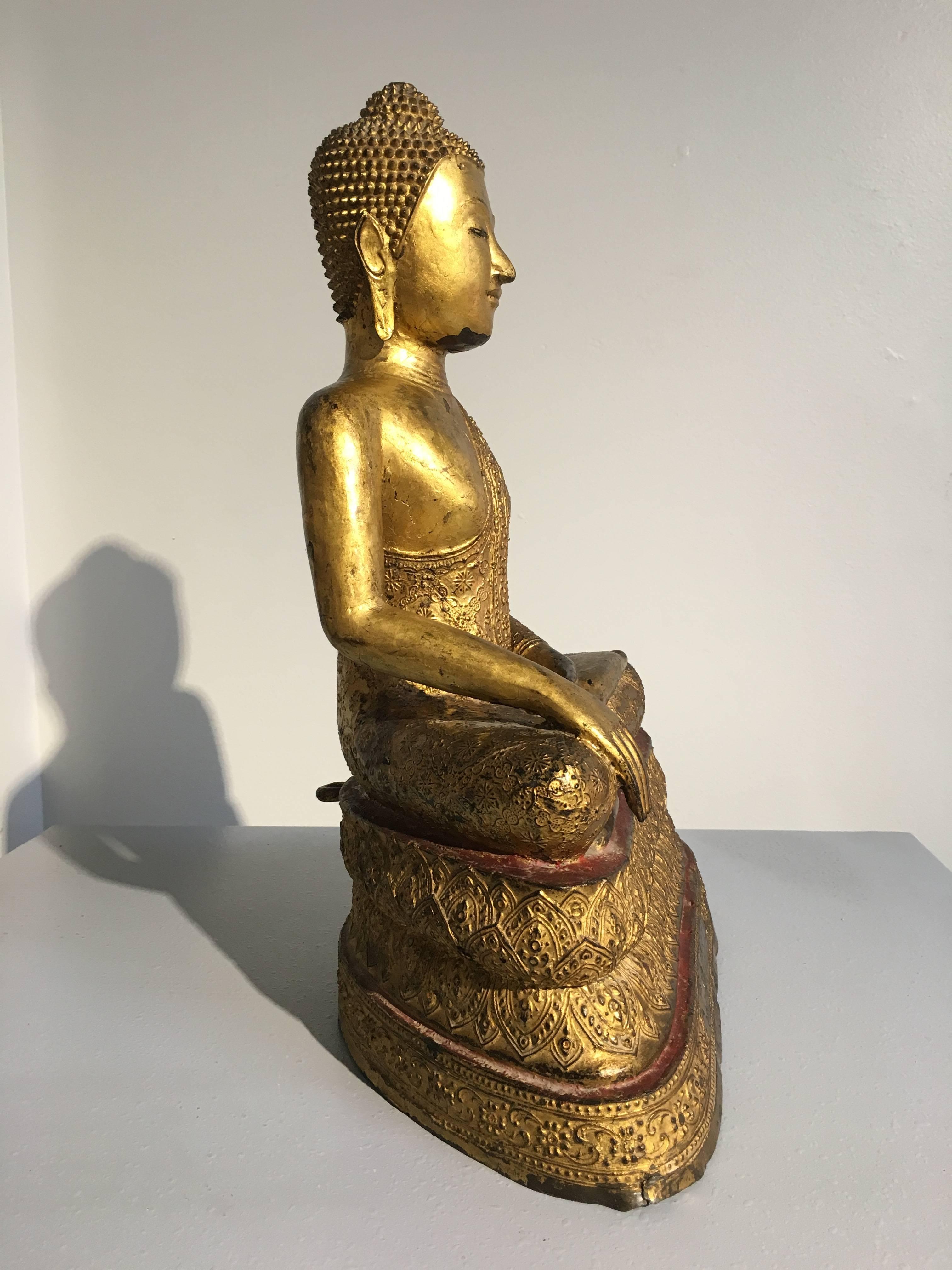 Cast Thai Rattanakosin Lacquered Gilt Bronze Image of Buddha Maravijaya