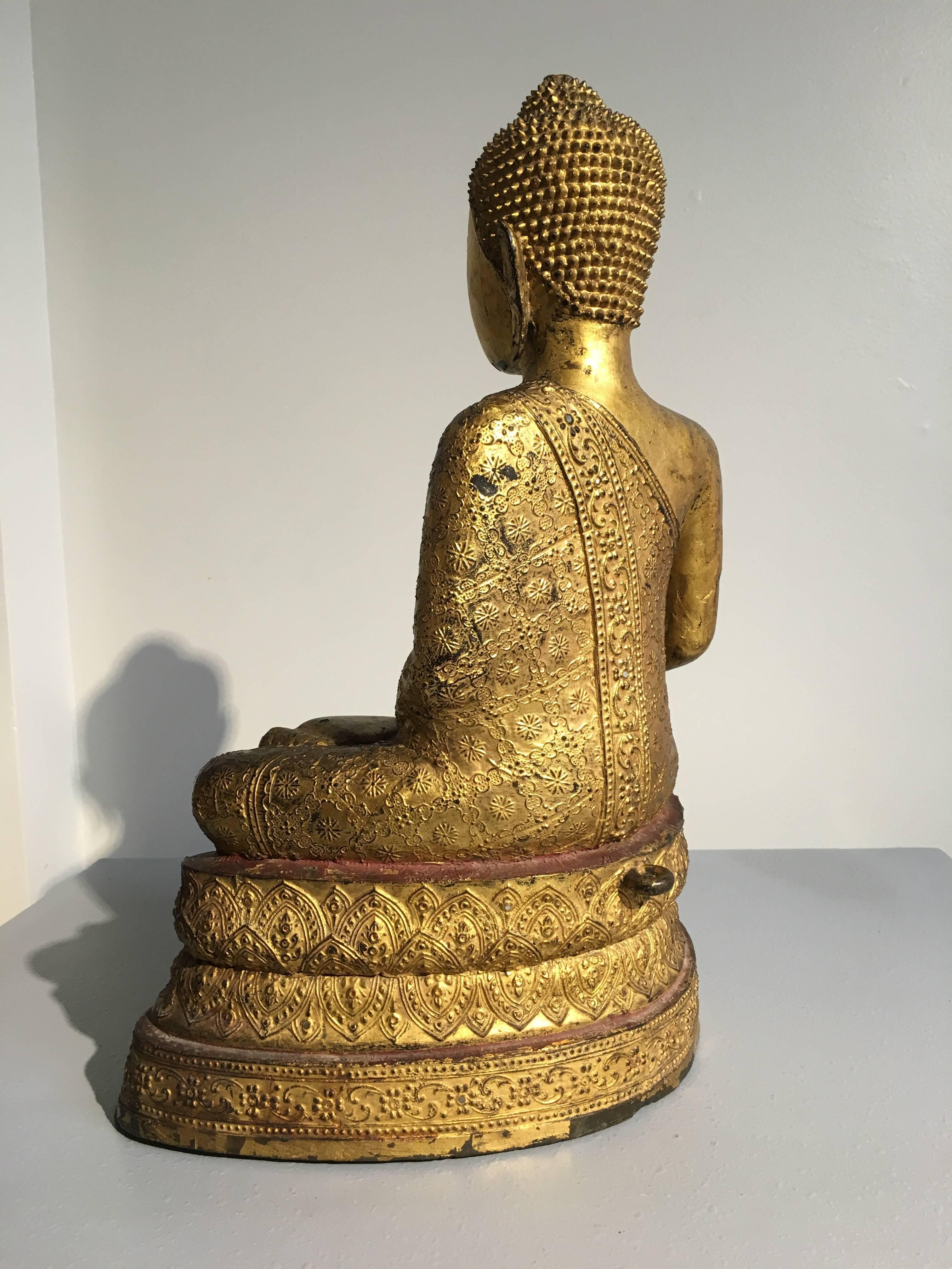 19th Century Thai Rattanakosin Lacquered Gilt Bronze Image of Buddha Maravijaya