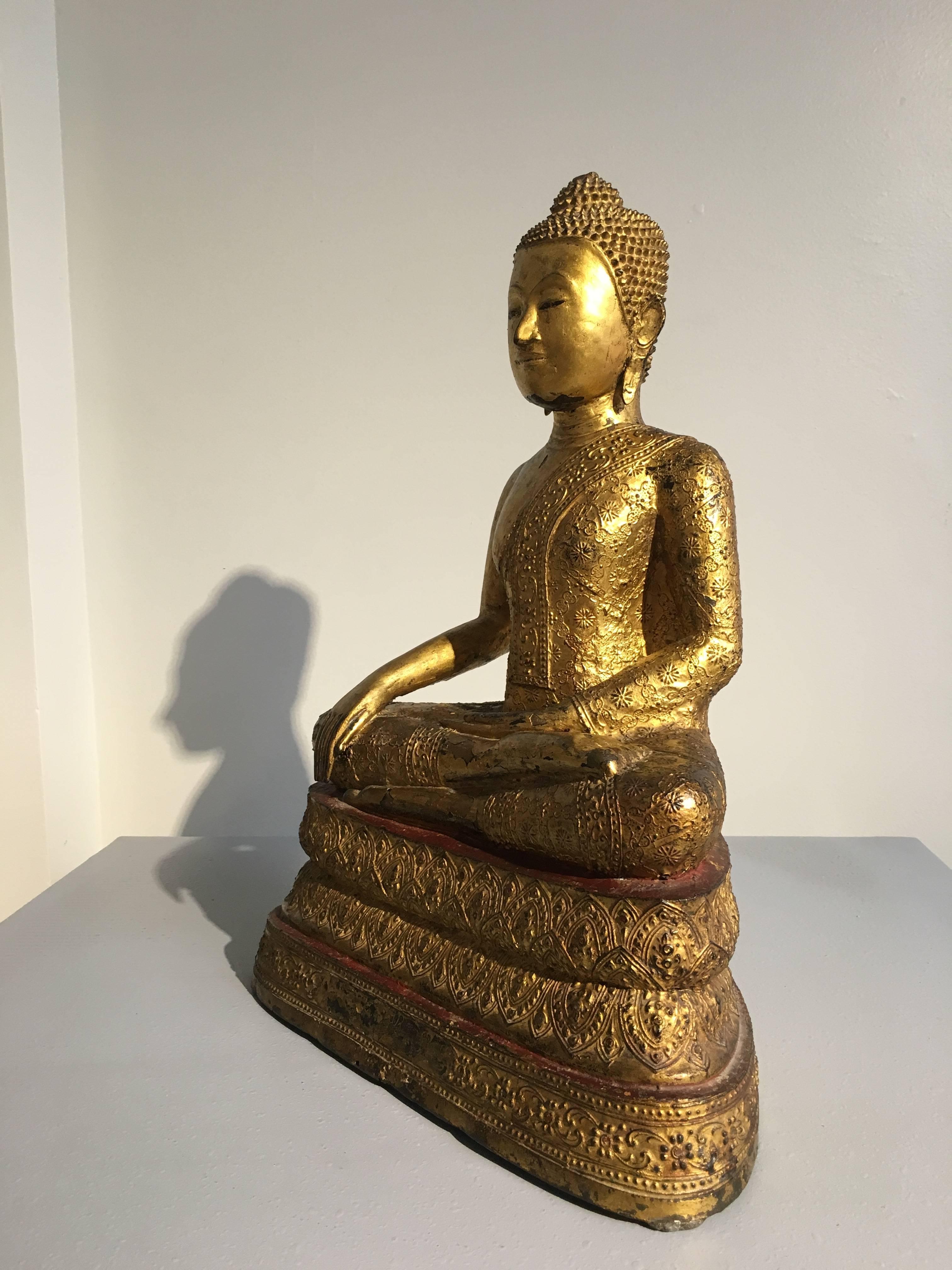 Thai Rattanakosin Lacquered Gilt Bronze Image of Buddha Maravijaya 1