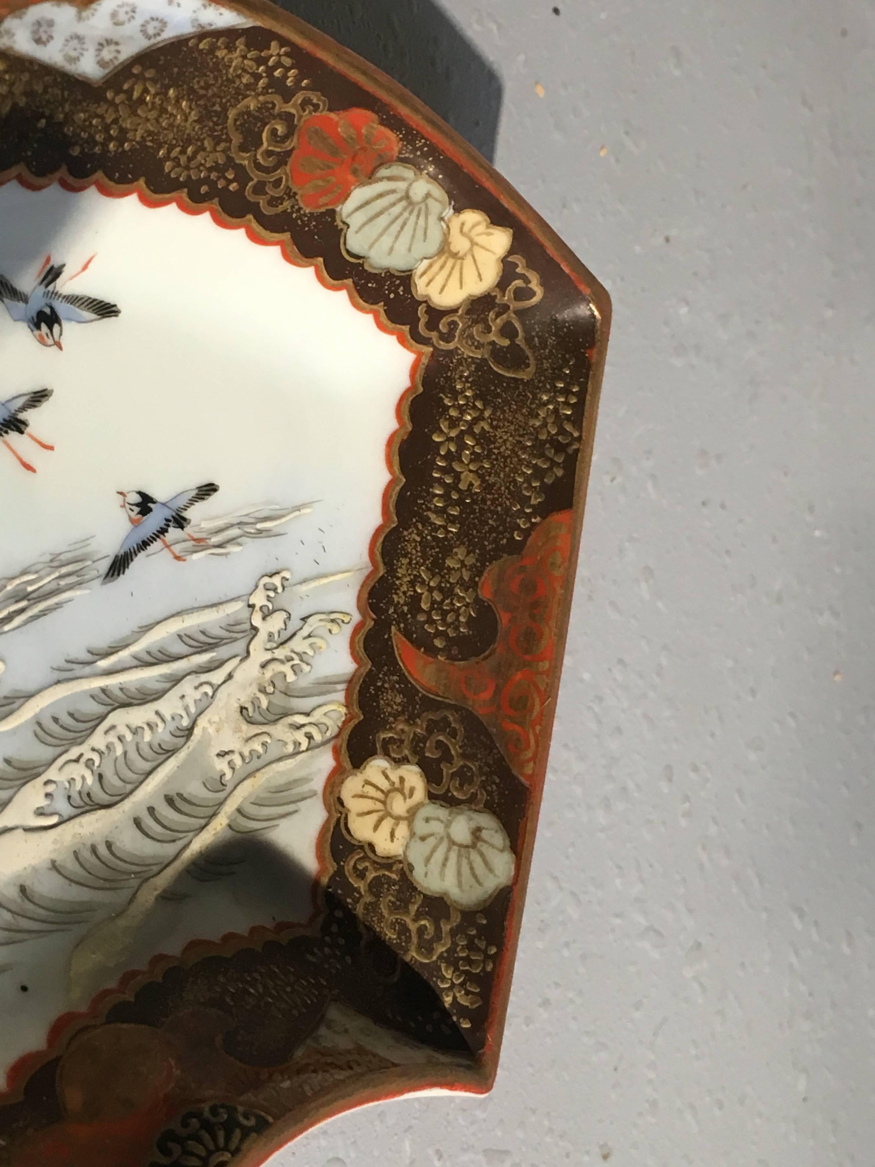 Porcelain Japanese Meiji Period Kutani Fan Shaped Dishes, Set of Five