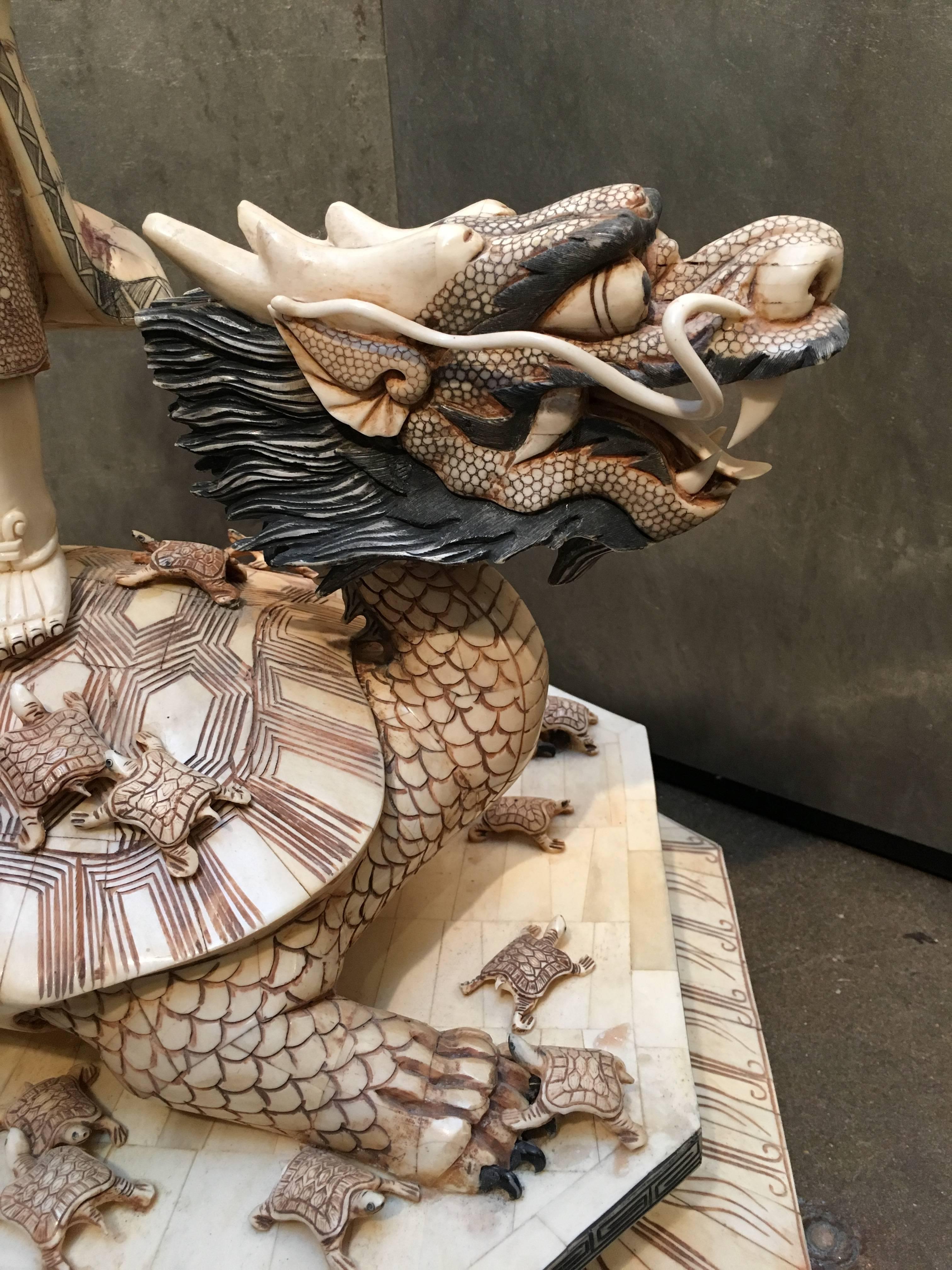 Carved Large Vintage Japanese Bone Veneer Sculpture of Ebisu on a Turtle Dragon