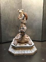 Large Vintage Japanese Bone Veneer Sculpture of Ebisu on a Turtle Dragon