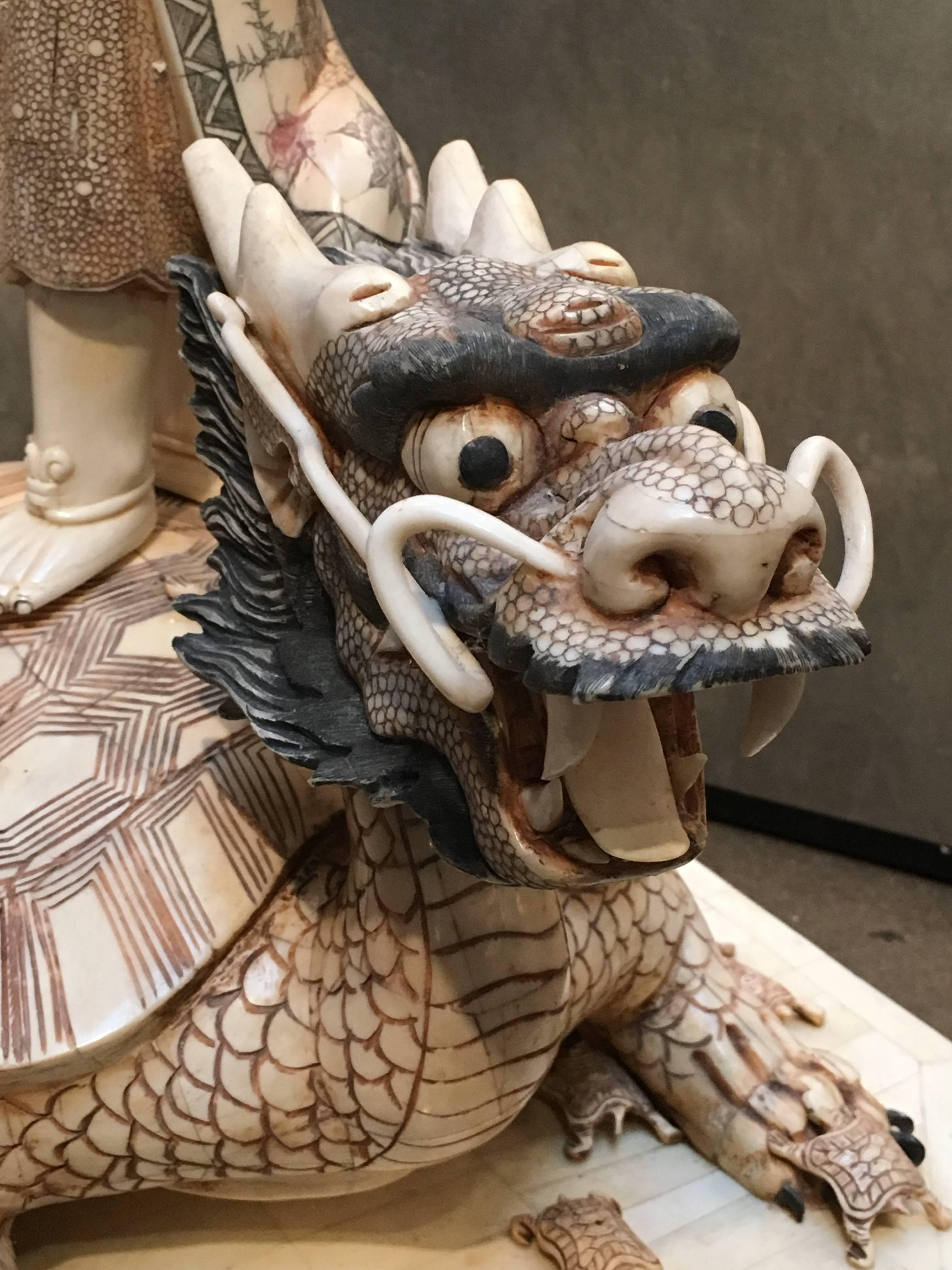 Large Vintage Japanese Bone Veneer Sculpture of Ebisu on a Turtle Dragon In Good Condition In Austin, TX