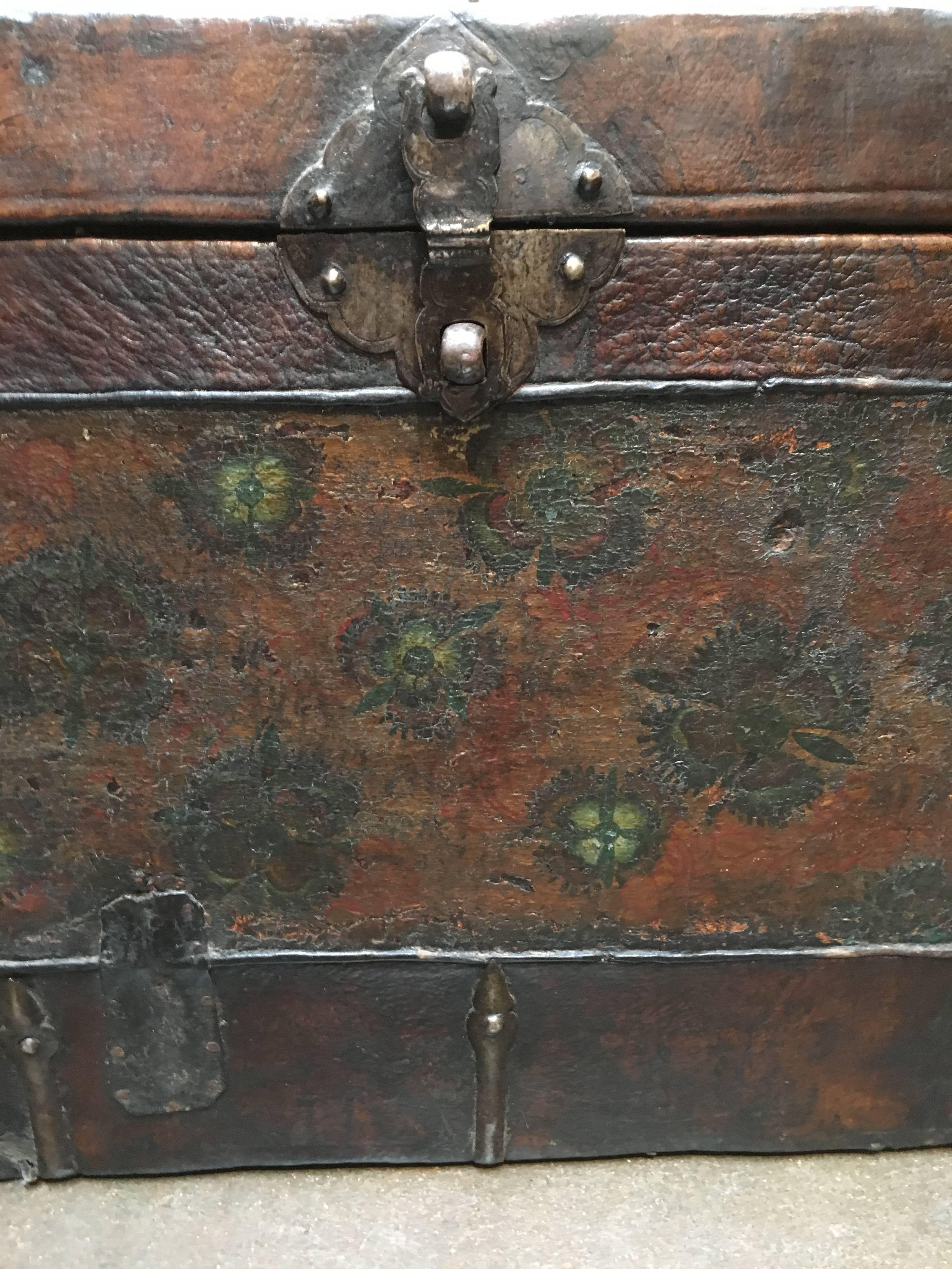 Pine Tibetan Leather Painted Trunk For Sale