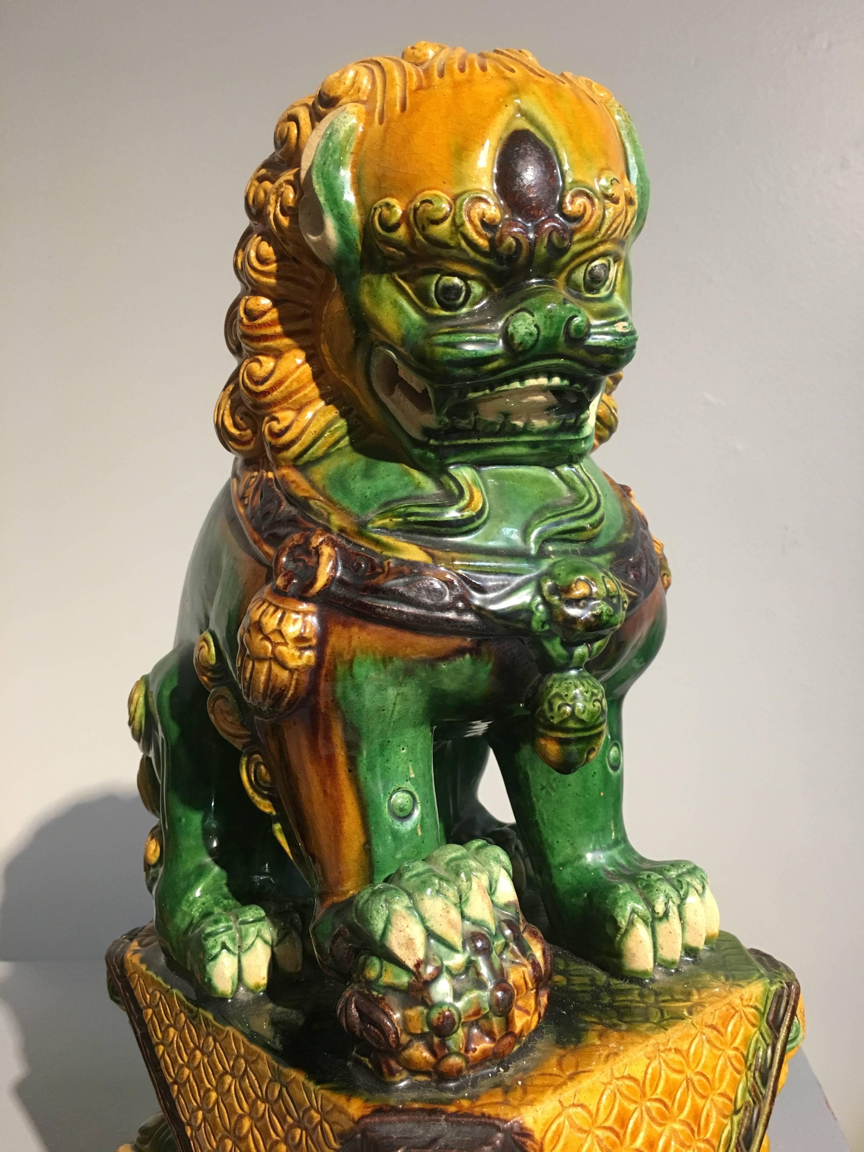 Ceramic Pair of Chinese Sancai Glazed Foo Lions