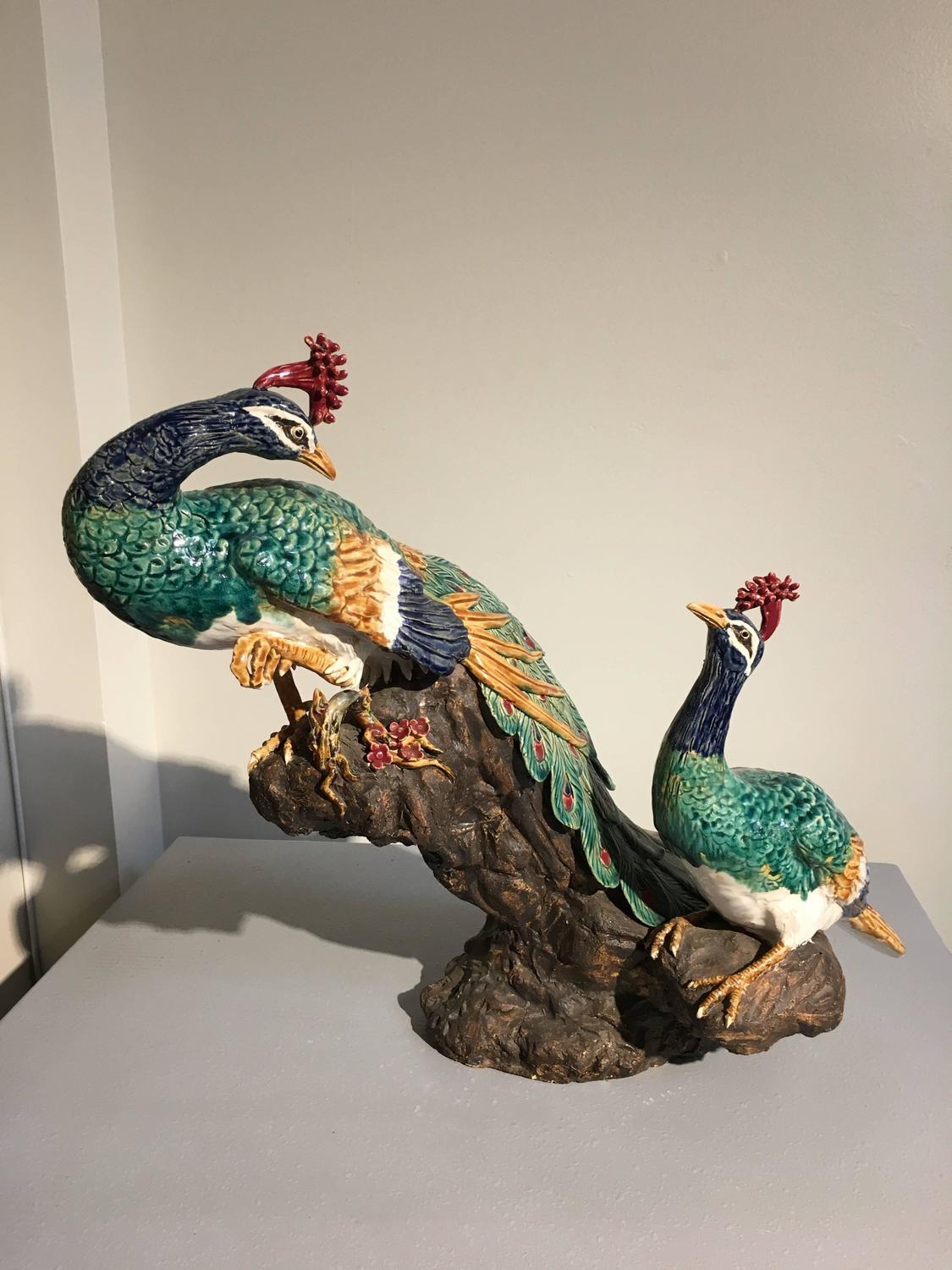 Large Majolica Peacock Sculpture Centerpiece For Sale at 1stdibs