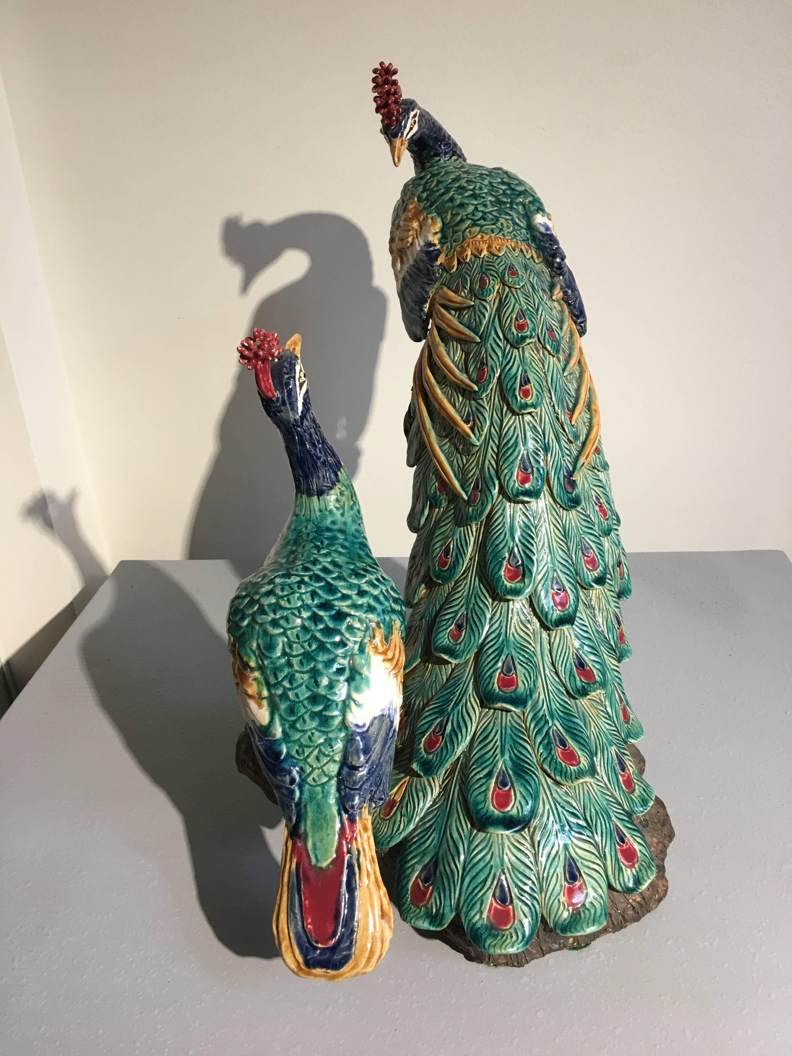 Glazed Large Majolica Peacock Sculpture Centerpiece