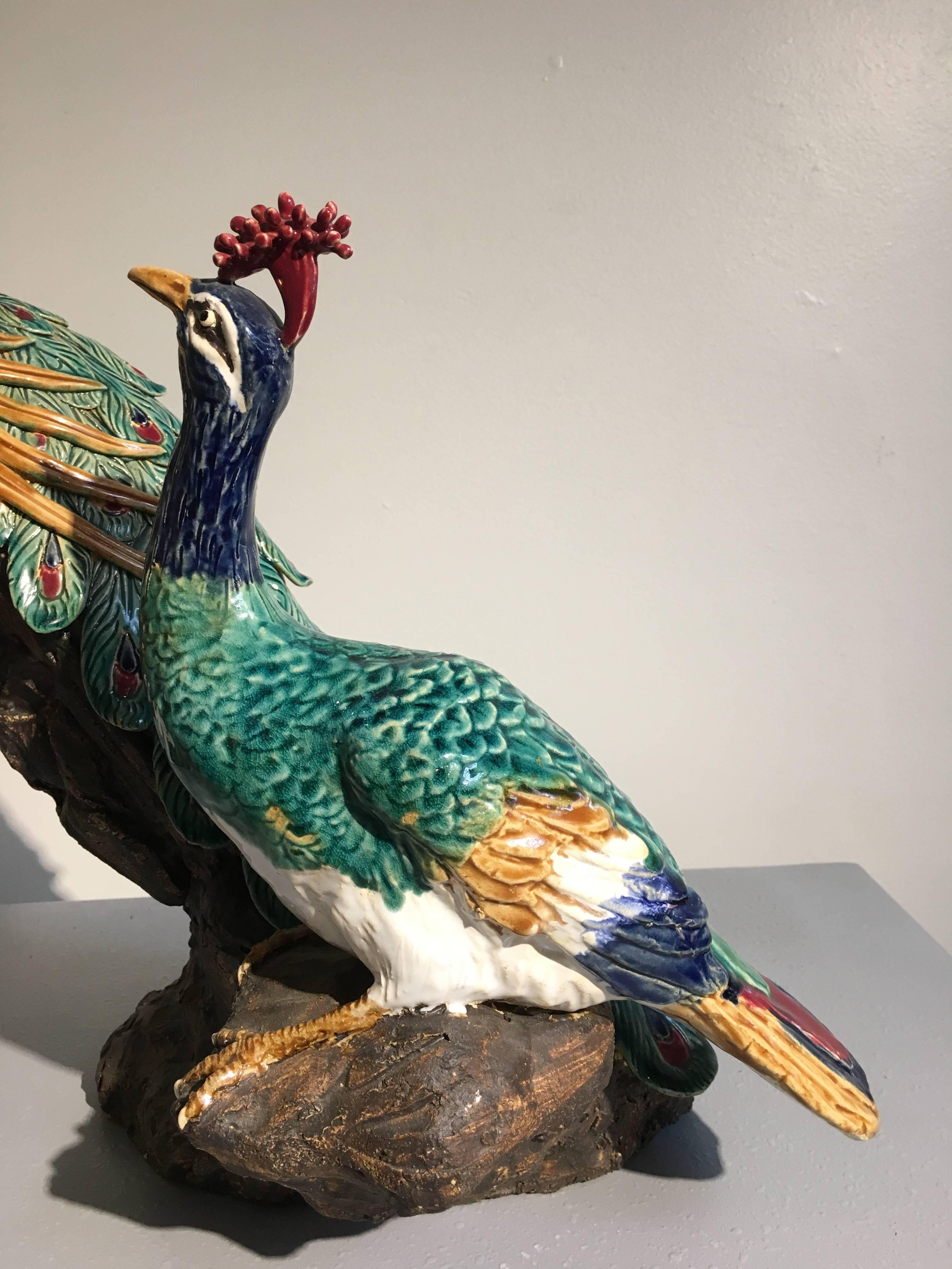 Large Majolica Peacock Sculpture Centerpiece 1