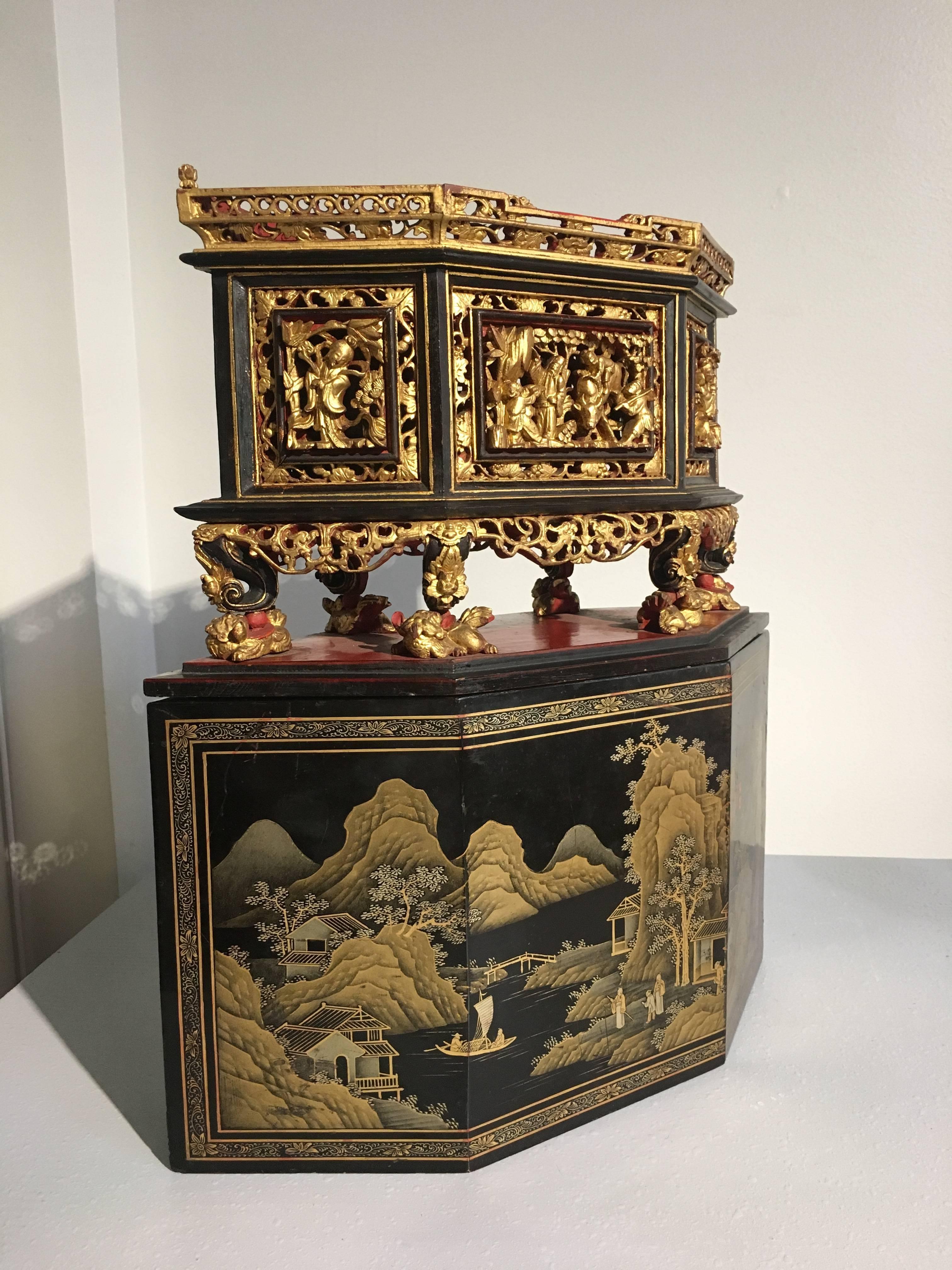 Qing Straits Chinese Lacquer and Gilt Painted Altar Offering Box