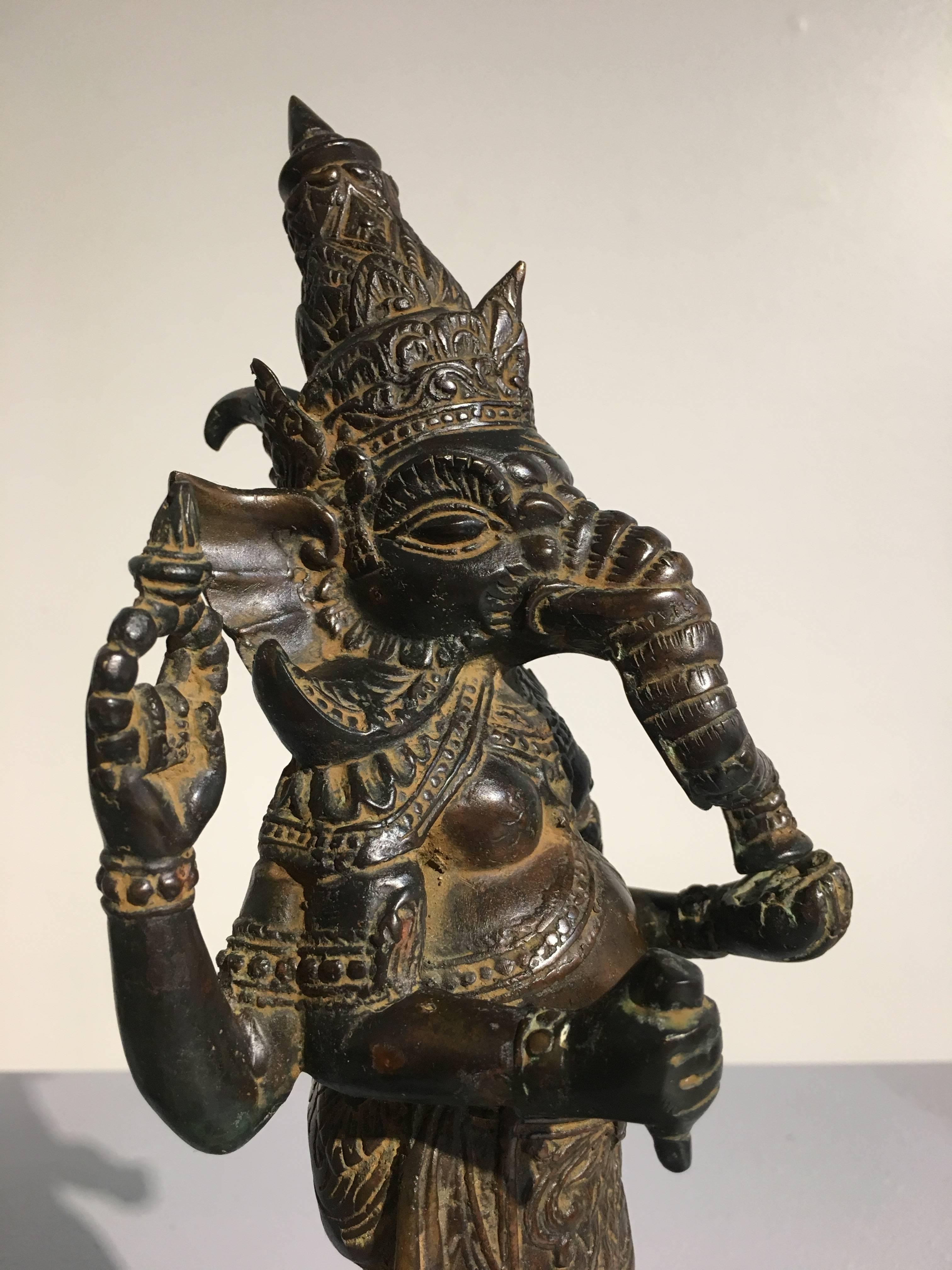 Cast Vintage Khmer Style Bronze Standing Ganesh, mid 20th Century, Thailand