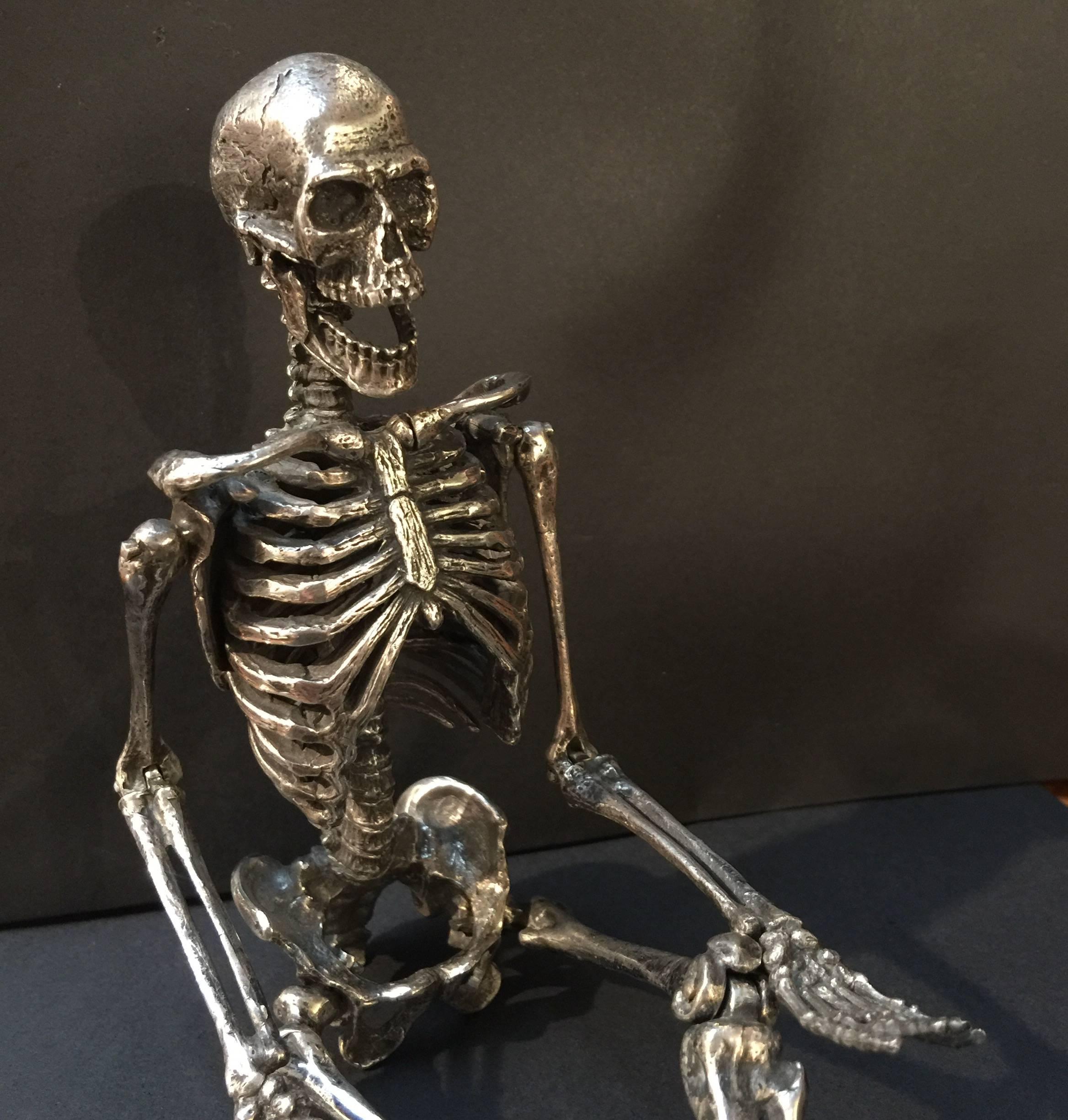 Italian Whimsical Articulated Sterling Silver Model of a Skeleton