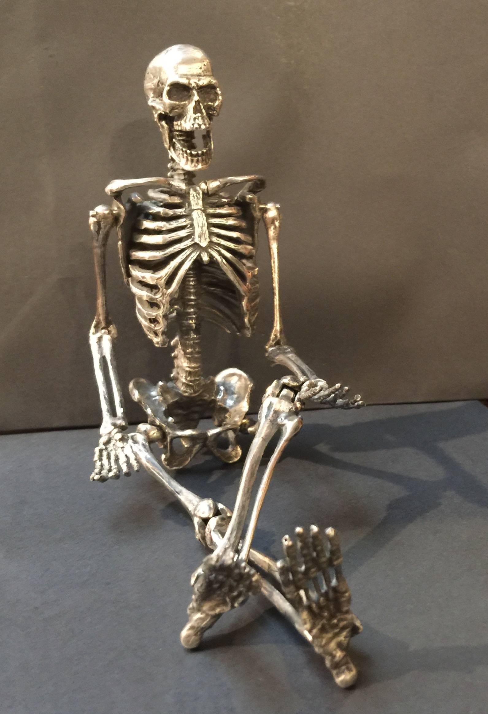 Whimsical Articulated Sterling Silver Model of a Skeleton In Excellent Condition In Austin, TX
